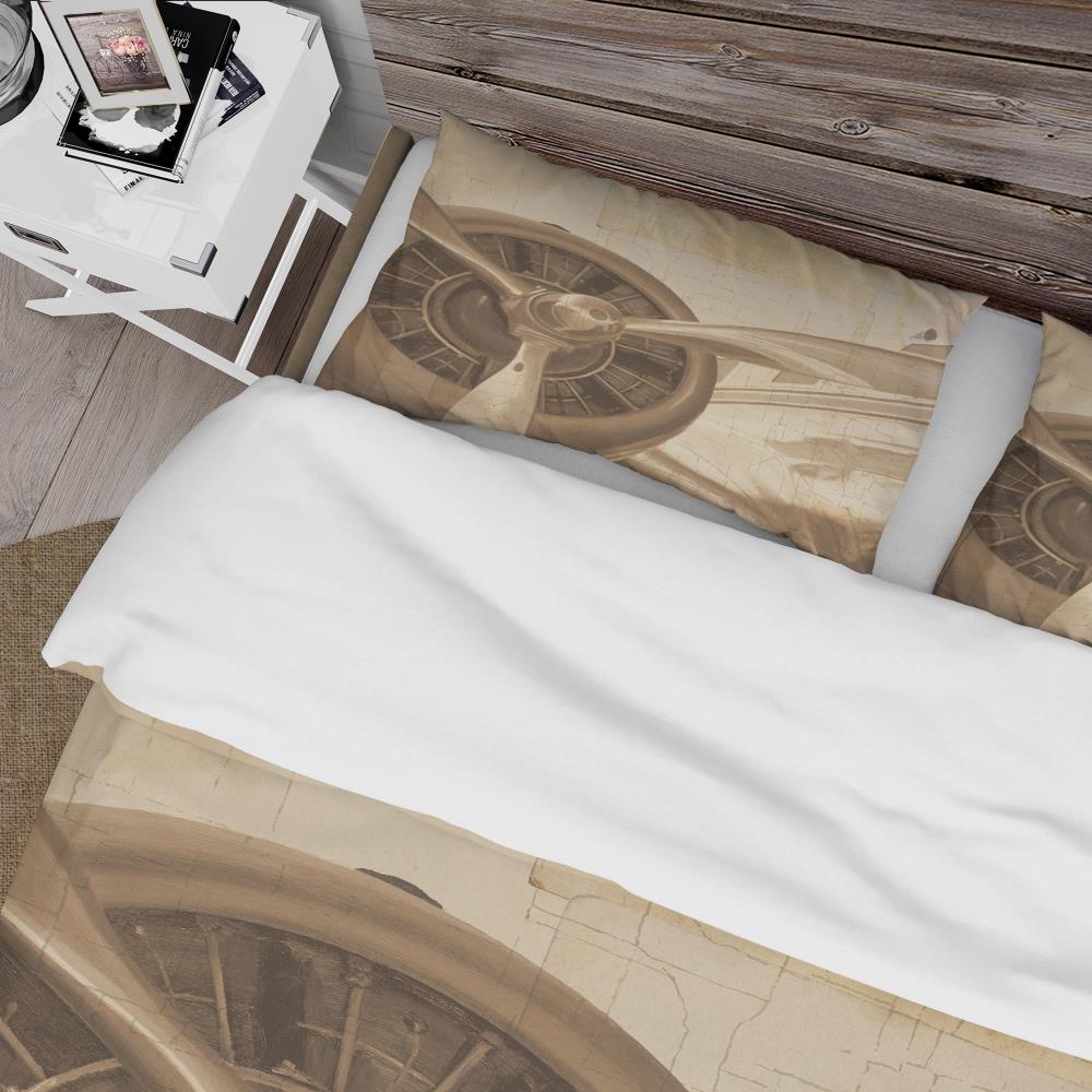 King Sepia Vintage Airplane Microfiber Duvet Cover Set