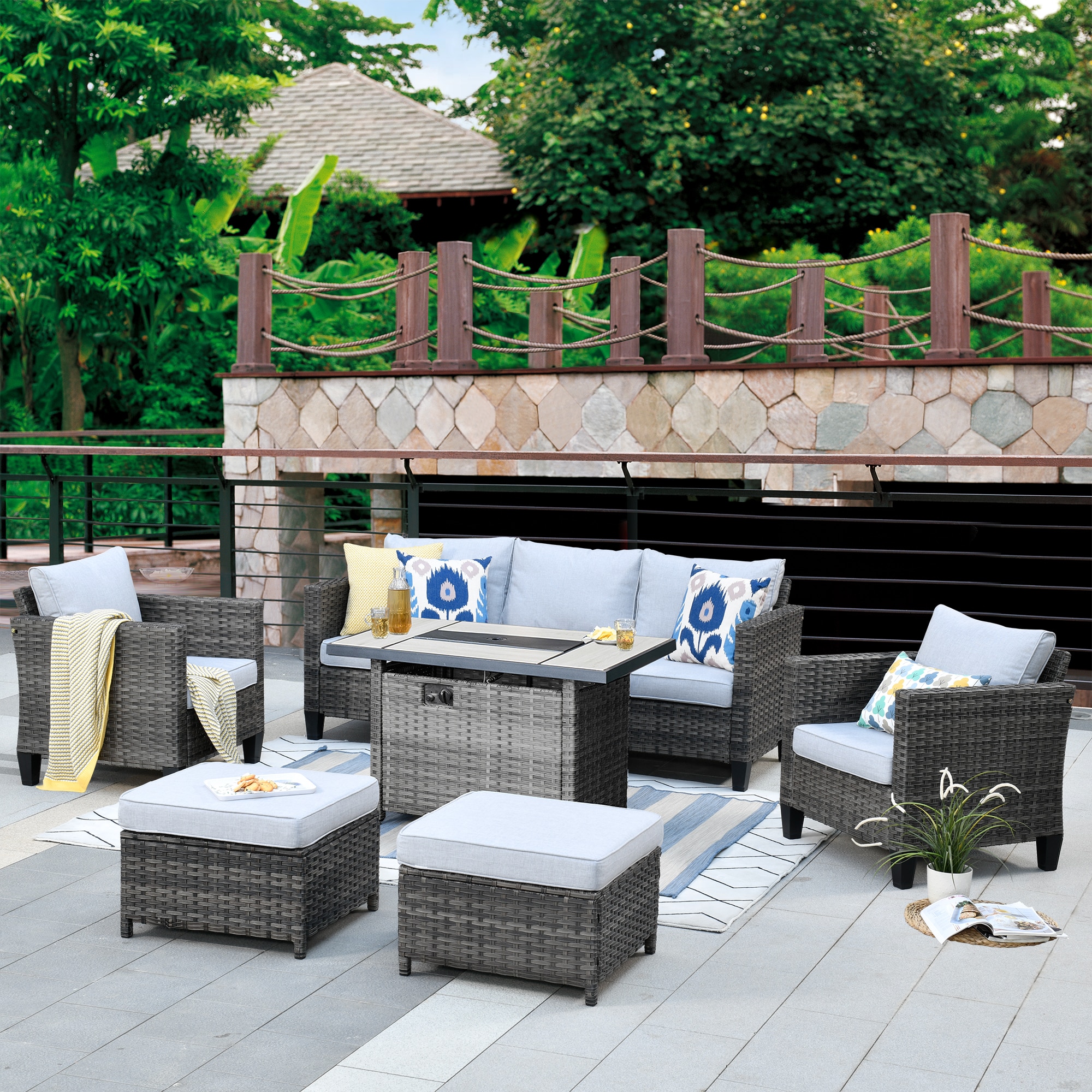 Pouuin SRFGRS700 6 -Piece Wicker Patio Sofa Conversation Set with Gray Cushions