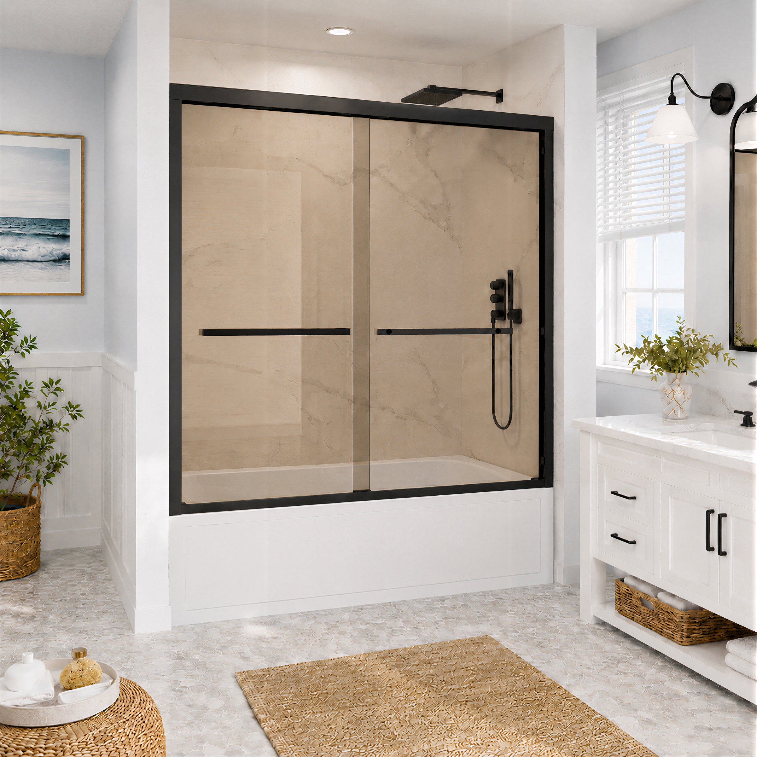 Velusian 56 in. - 60 in. W x 60 in. H Bypass Double Sliding Framed Tub Shower Door in Brushed Gold with 8mm Bronze Tinted Glass