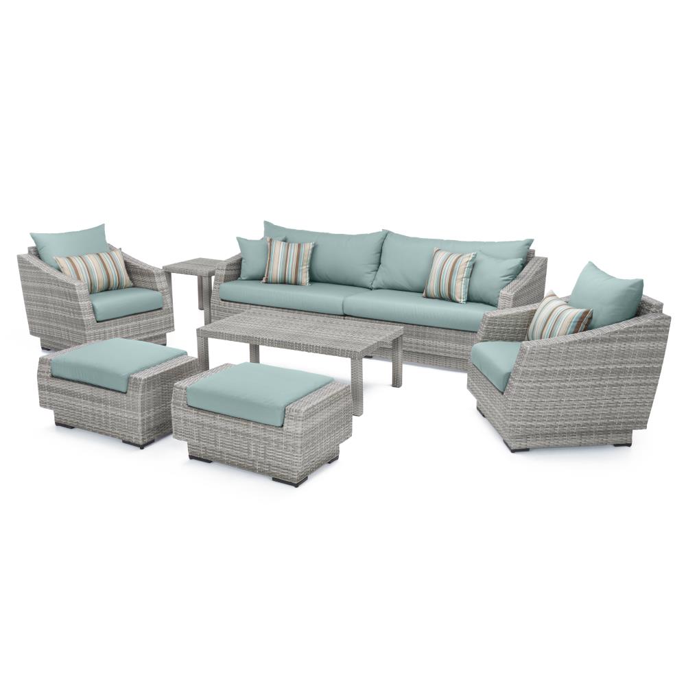 RST Brands OP-PESS8-CNS-BLS-K Cannes 8 -Piece Wicker Patio Sofa Conversation Set with Blue Sunsharp Cushions