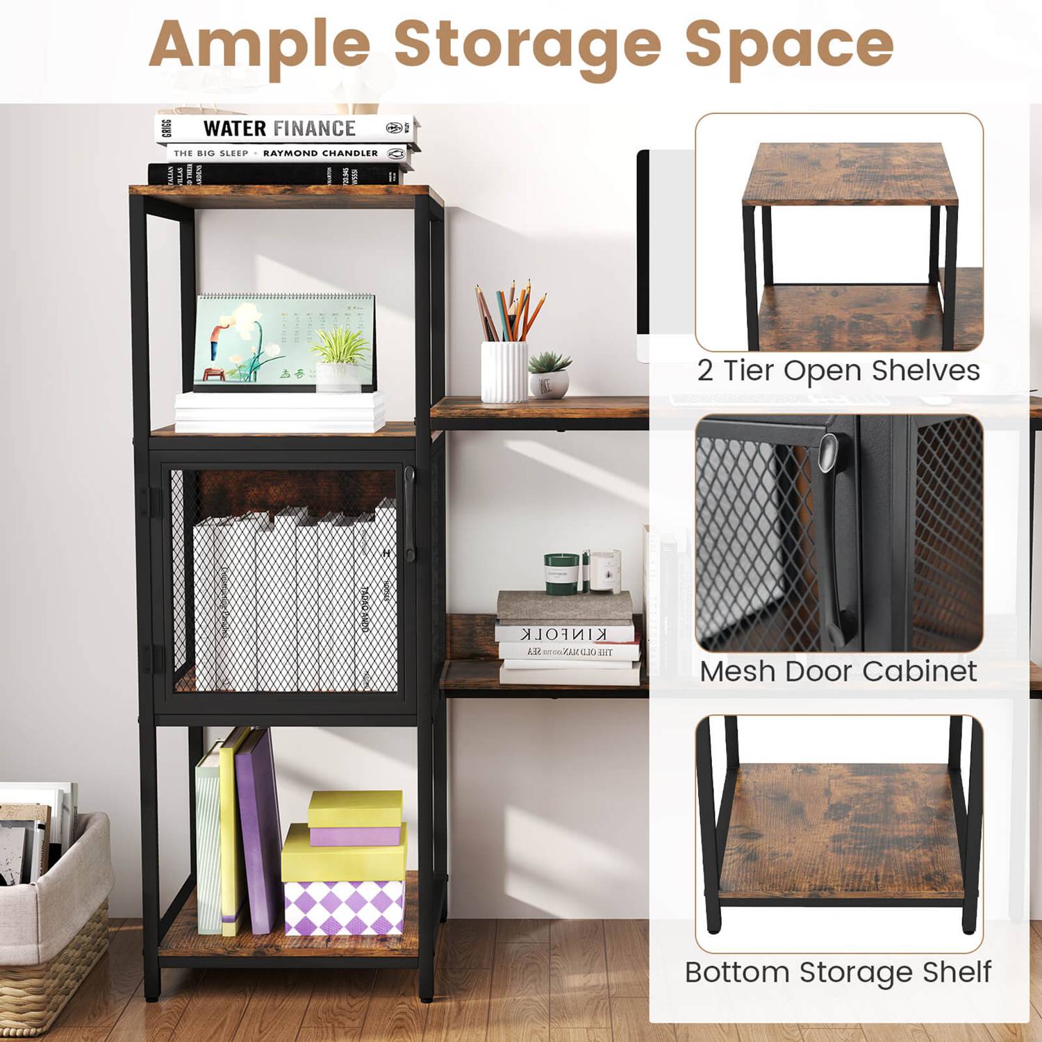 Costway Computer Desk with Bookshelf Large Wide Desktop Storage Shelves ...