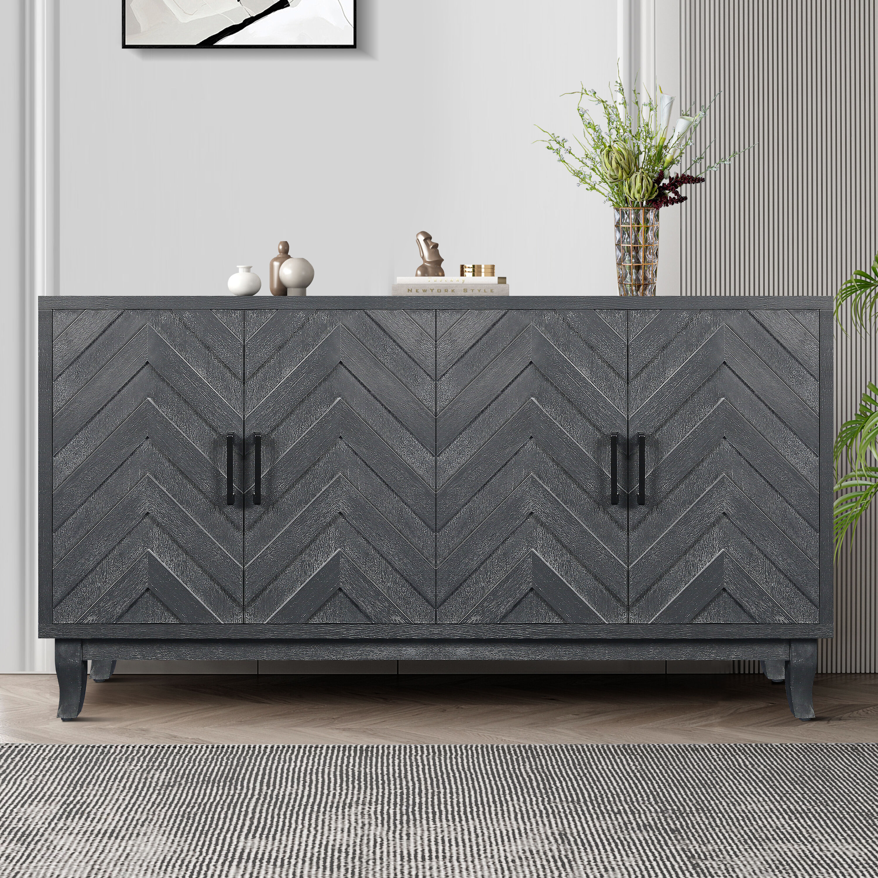LUXEYARD Stronger Vintage Style Buffet Cabinet Lacquered Accent Storage 4 Door Wooden Cabinets Thickened Sideboard Storage Cabinet