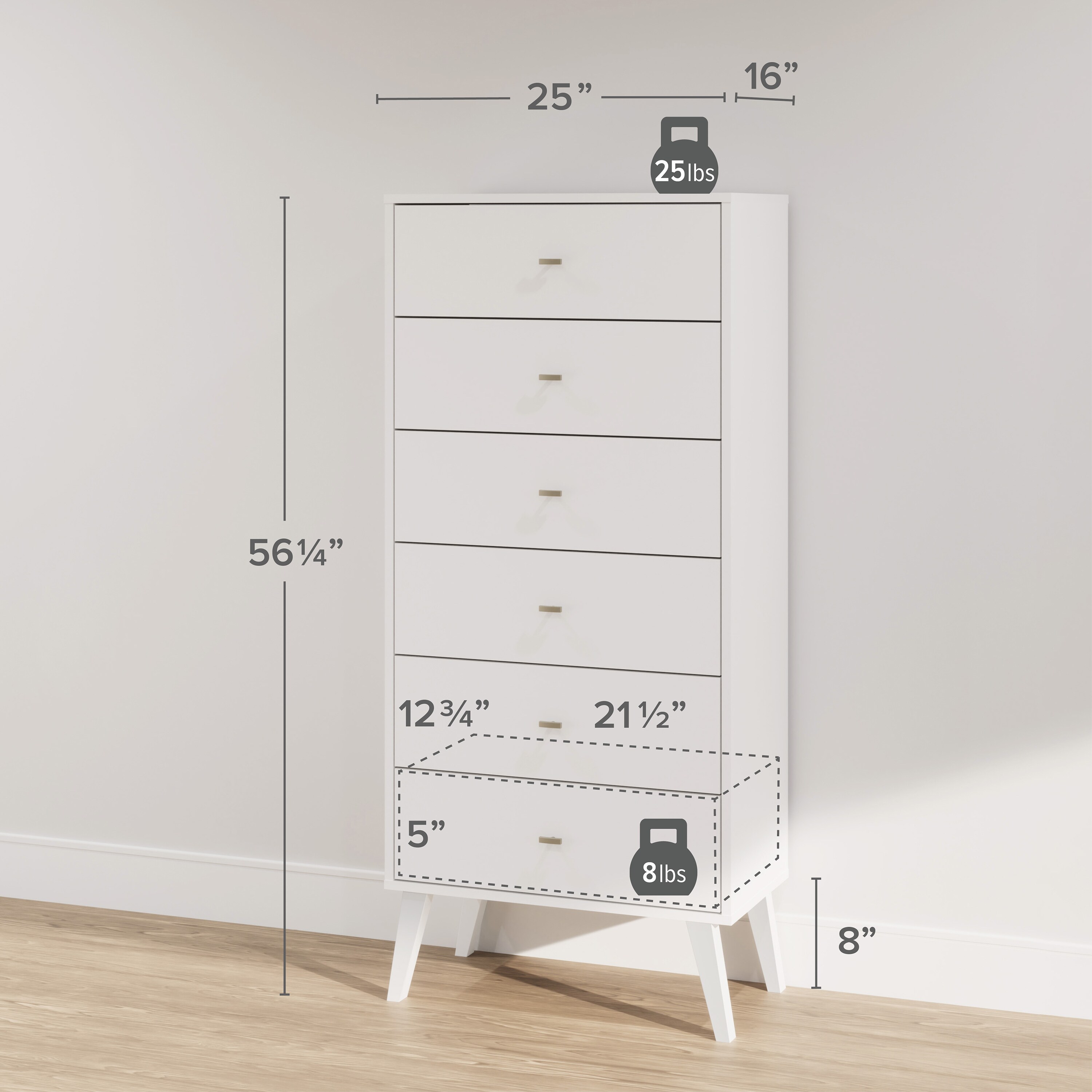 Milo Mid-Century Modern Tall 6-Drawer Lingerie Chest in White