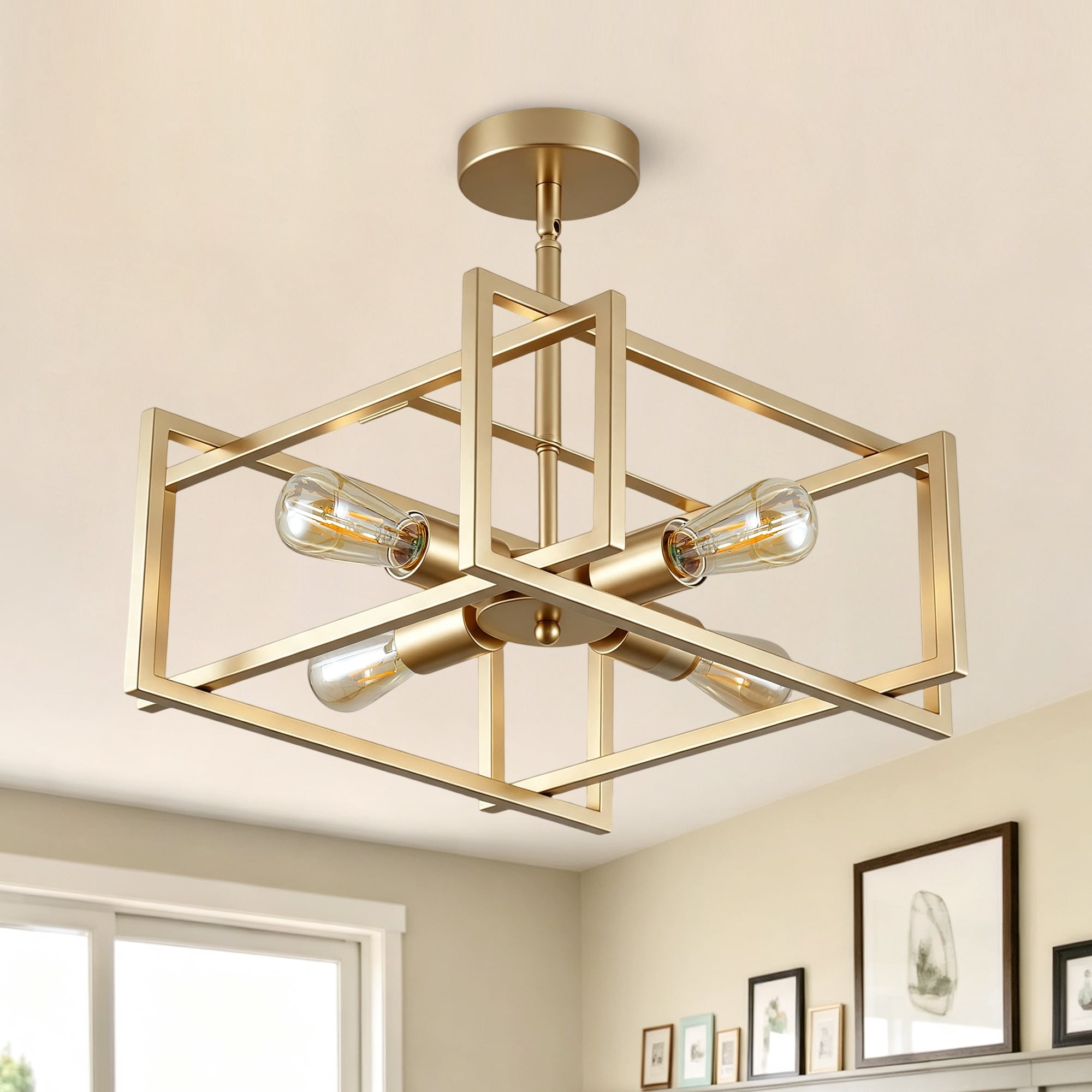 DAKAFUL 18.9-in 4-lights Semi Flush Mount Ceiling Light Fixtures Gold Industrial Farmhouse Ceiling Light Fixture for Kitchen Island Dining Room Hallway Entryway Bedroom Living Room