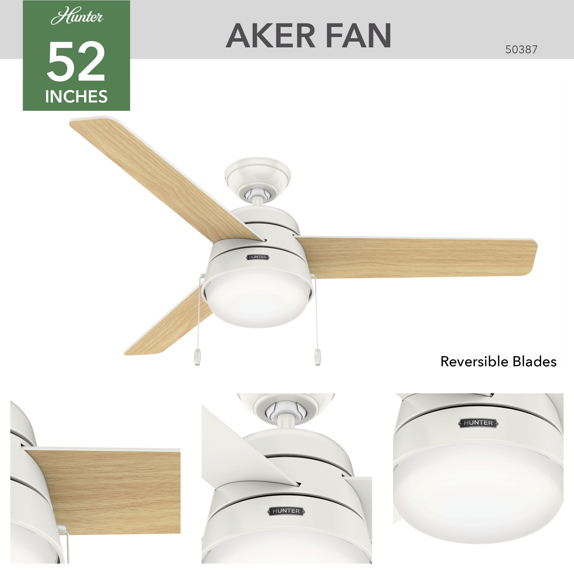 Hunter Aker 52-in Fresh White LED Indoor/Outdoor Ceiling Fan with Light ...