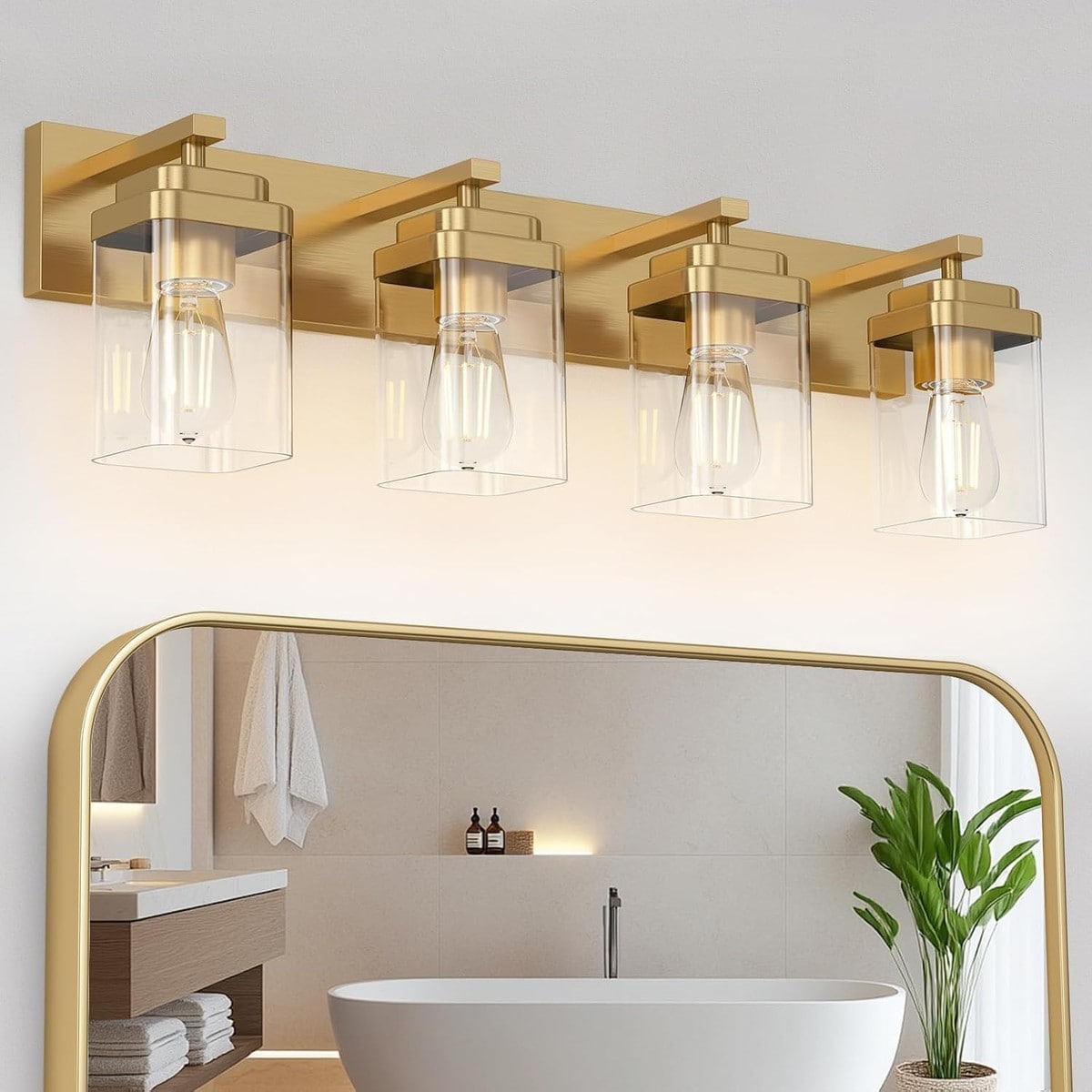 HEKCUIX  4 Light Brushed Gold Bathroom Vanity Light Fixture 30 Inch Square Glass Shade Modern Wall Mount Over Mirror for Bathroom Bedroom Living Room