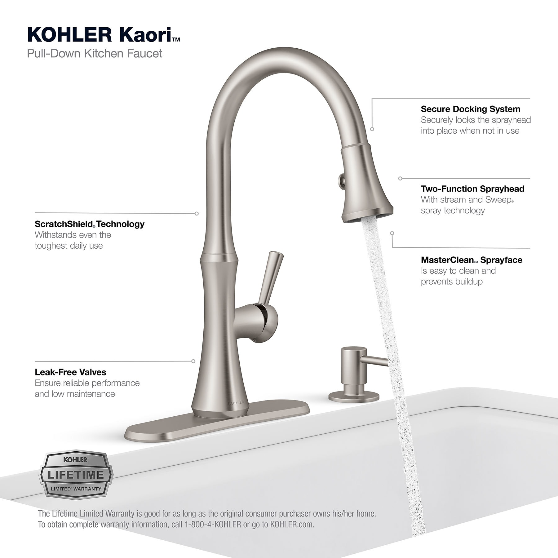 Kohler Kaori Vibrant Stainless Single Handle Pull Down Kitchen Faucet With Sprayer Deck Plate 8838