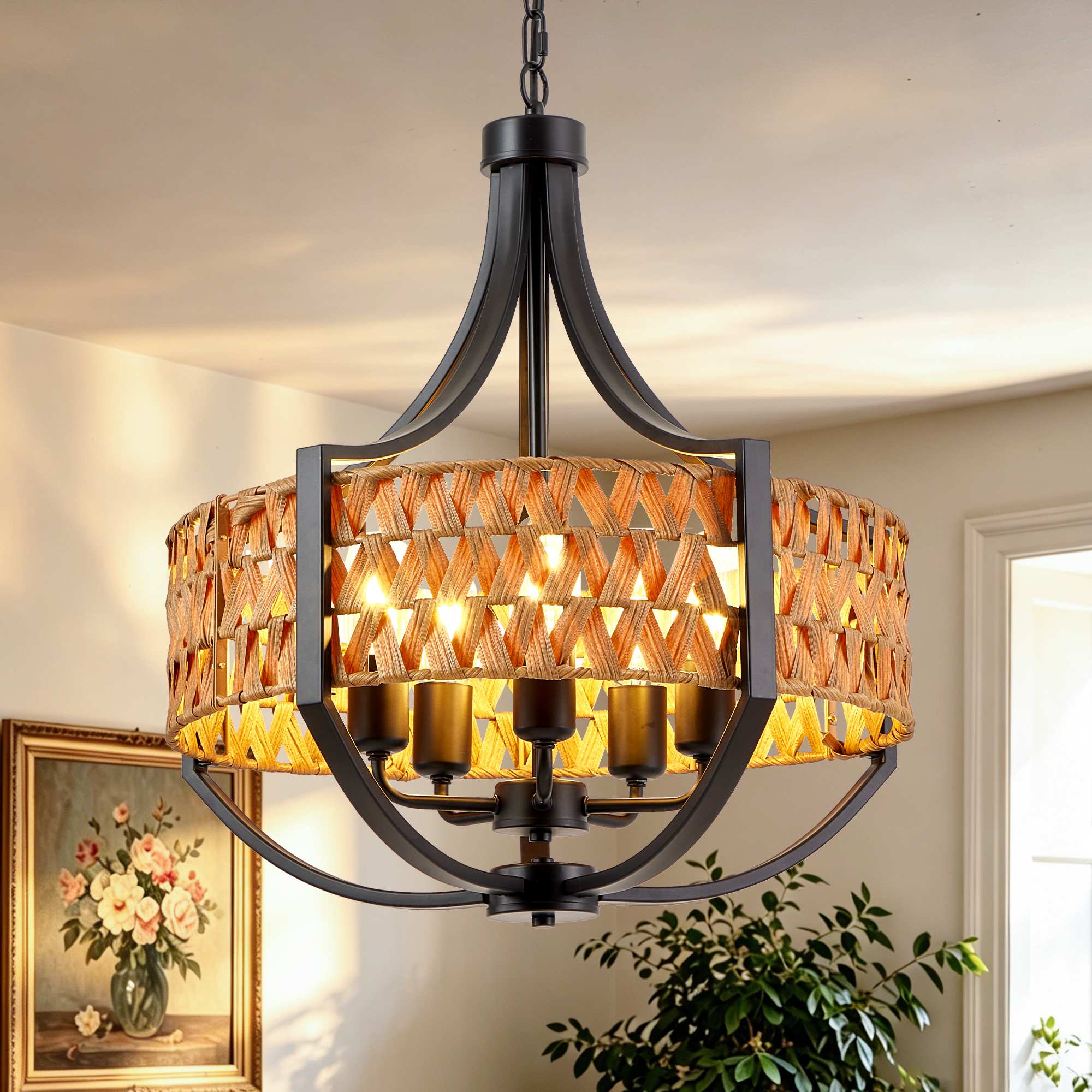 JCFL 19.7in Modern 5-Light Boho Rattan Pendant Chandeliers with Natural Woven Reed Shade