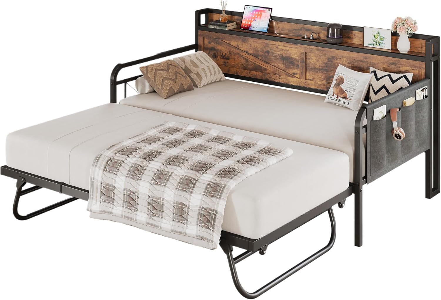Likimio QYFNRJ1UN54BBVSP 43.7-in W Industrial Brown Twin Size Bed Frame with Storage Headboard and Charging Station