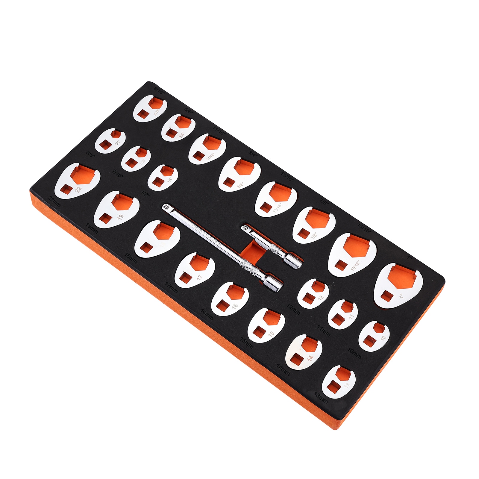 VEVOR SCLBXBSTZJT303440V0 3/8in Drive Crowfoot Wrench Set with 2 Extension Bars  24-Piece Crows Foot Wrench Set  SAE  3/8in-1in and Metric 10-22 mm  CR-MO Steel Crowfoot Wrench Set  with EVA Tool Organizer