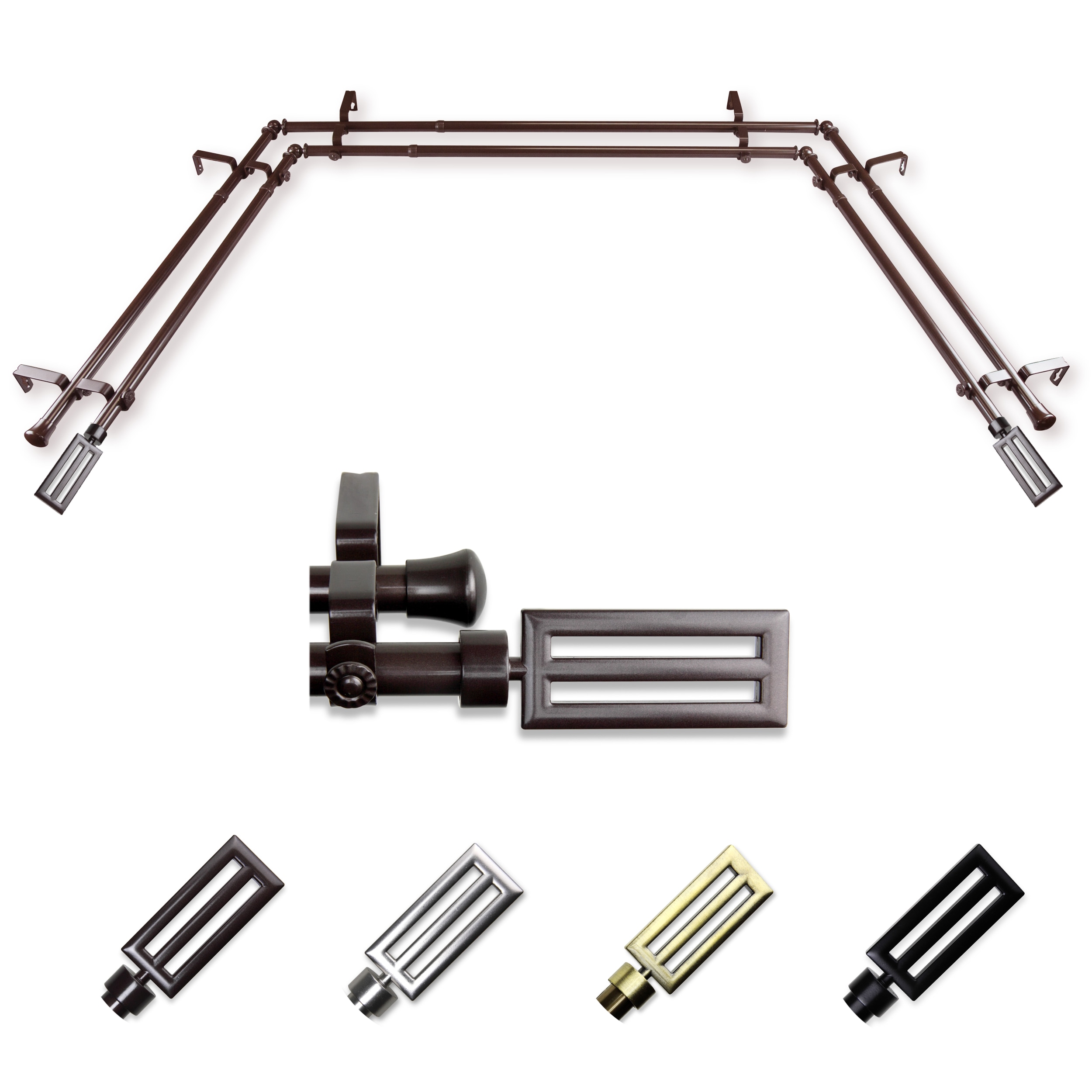 Hart & Harlow L-ABAY-73-7D Franco 13/16-in Double Bay Cocoa Steel Bay window curtain rod with Finials