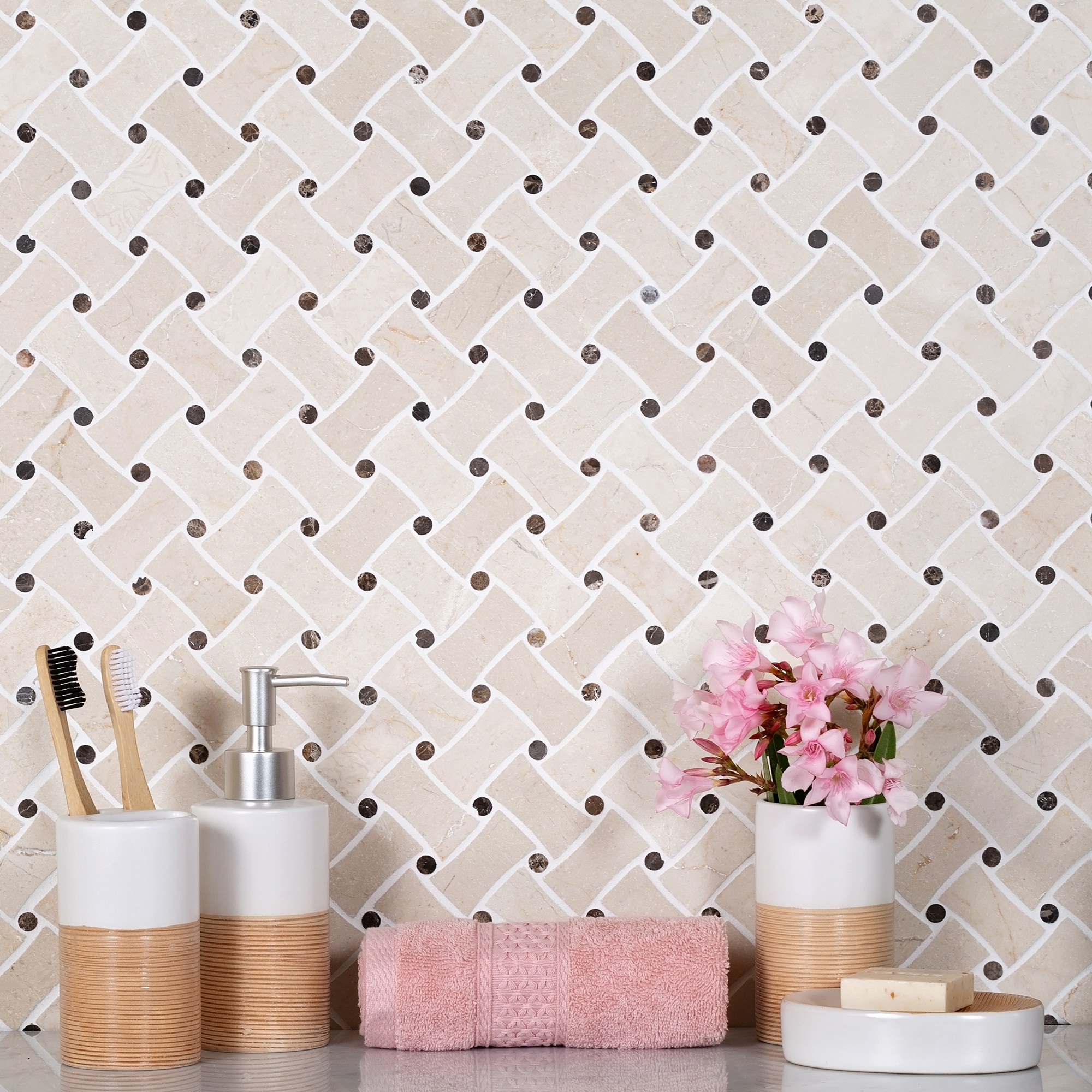 Apollo Tile (Sample) Beige 4-in x 4-in Polished Quartz Octagon Dot Mosaic Floor and Wall Tile