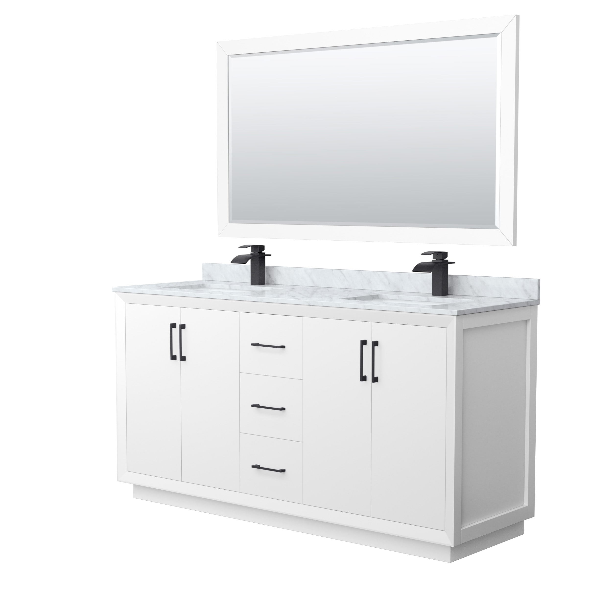 Wyndham Collection WCF414166DWBCMUNSM58 Strada 66-in White with Matte Black Trim Undermount Double sink Bathroom Vanity with White Carrara marble Natural marble Top (Mirror Included)
