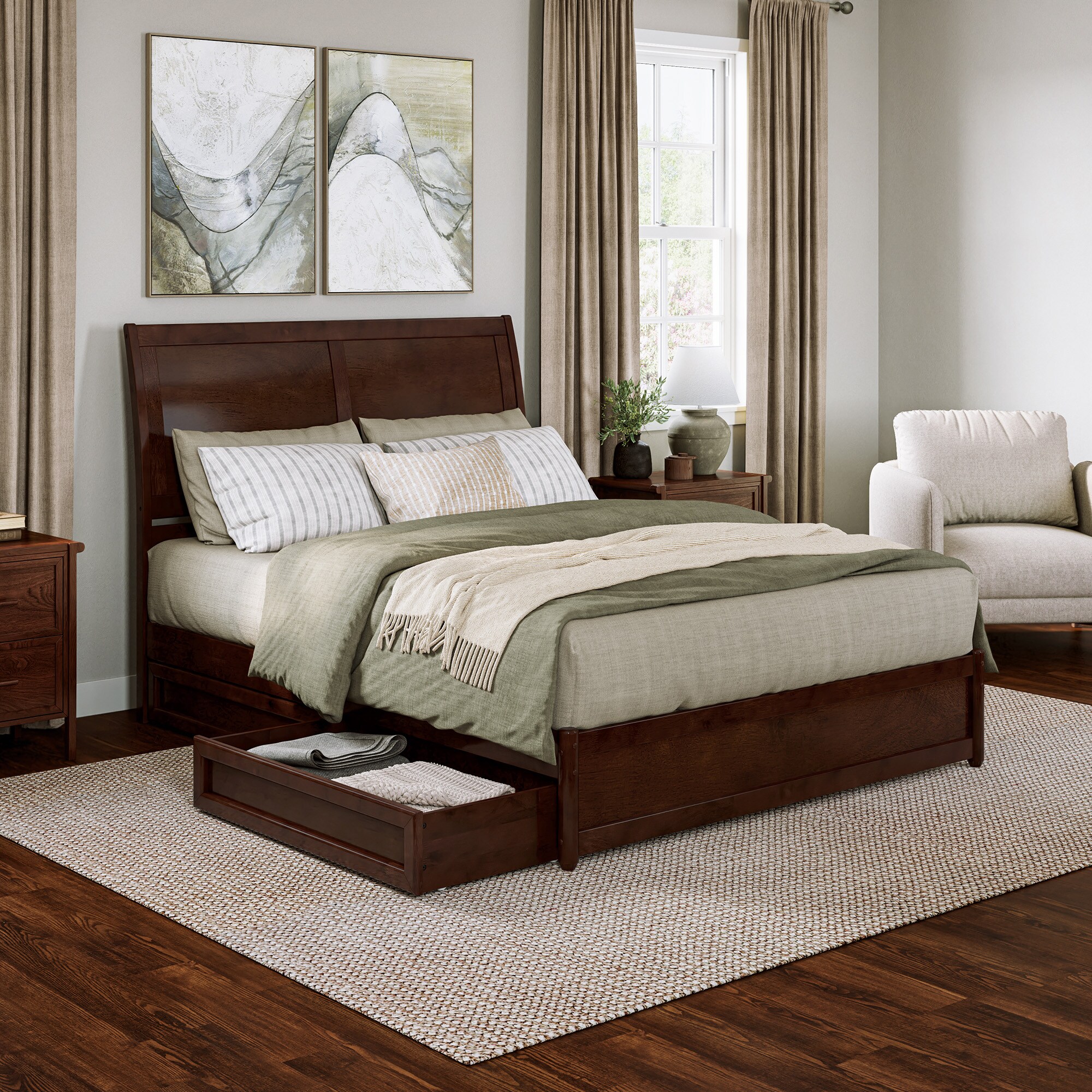 AFI AR8987144 Queen Walnut Wood Platform Bed Storage with Headboard