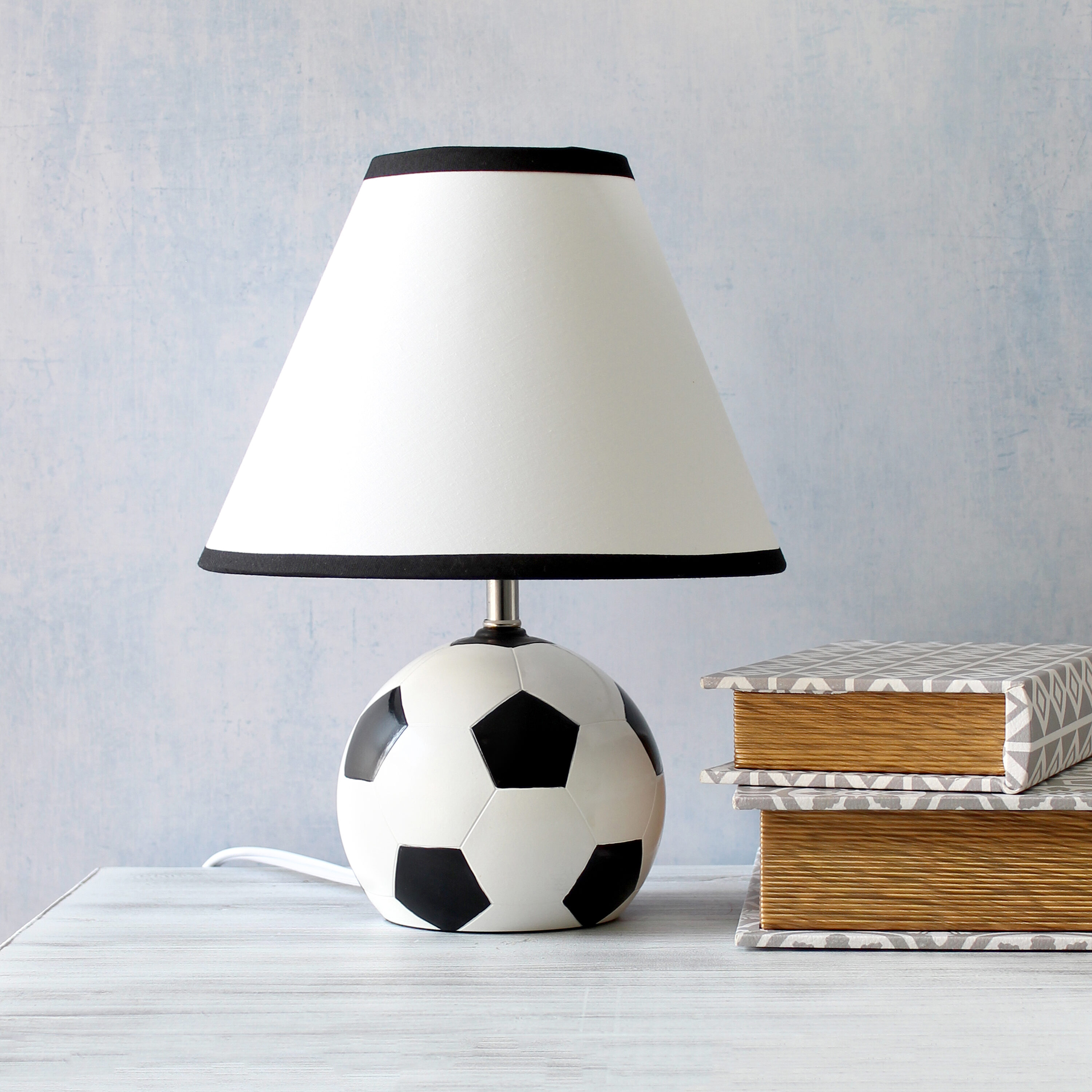 11.5" White and Black Ceramic Soccer Ball Table Lamp