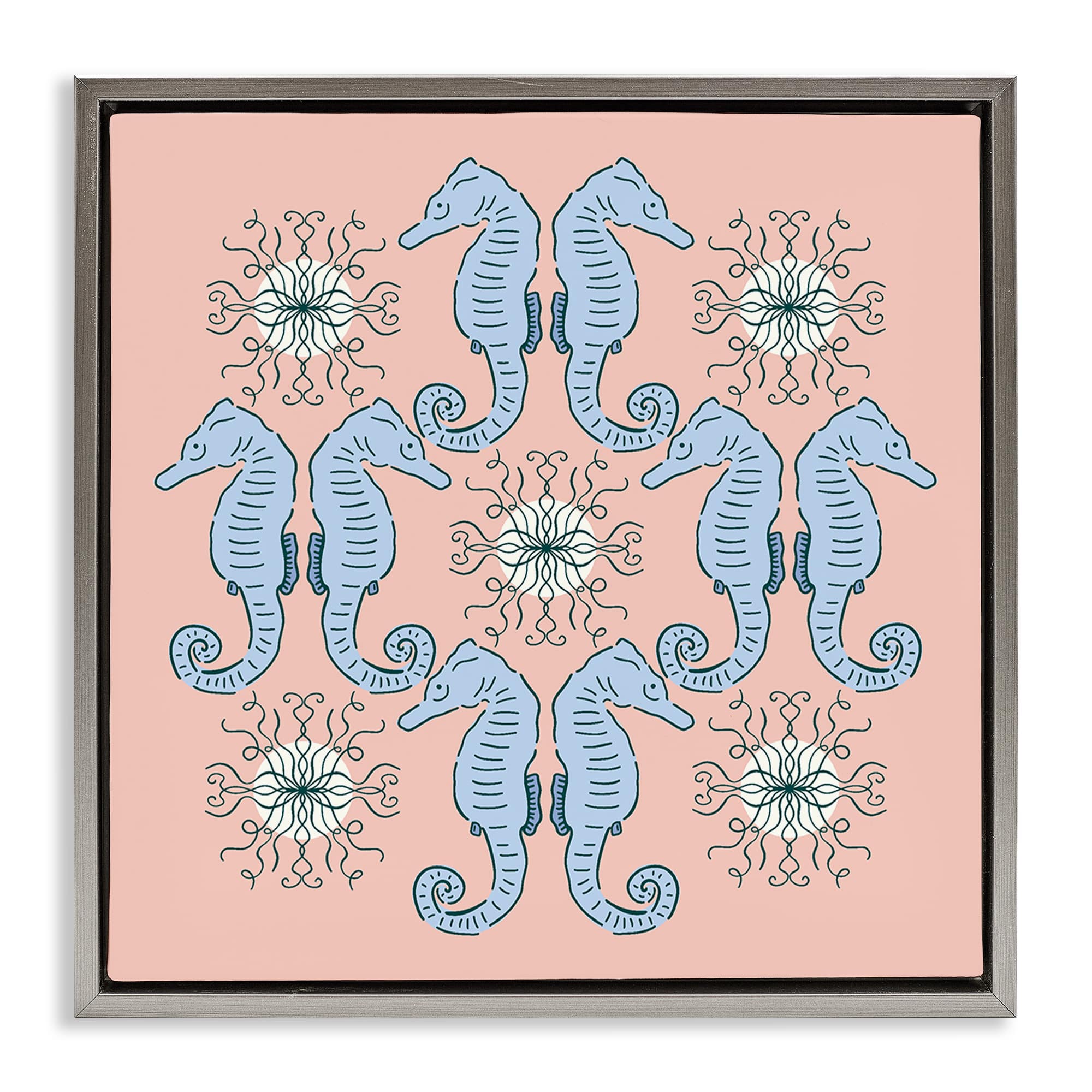 Stupell Industries BT-514-FFL-17X17 Symmetrical Coral Seahorse Pattern Gray Framed Floater Canvas Wall Art By Sazerelli Designs 18 x 18