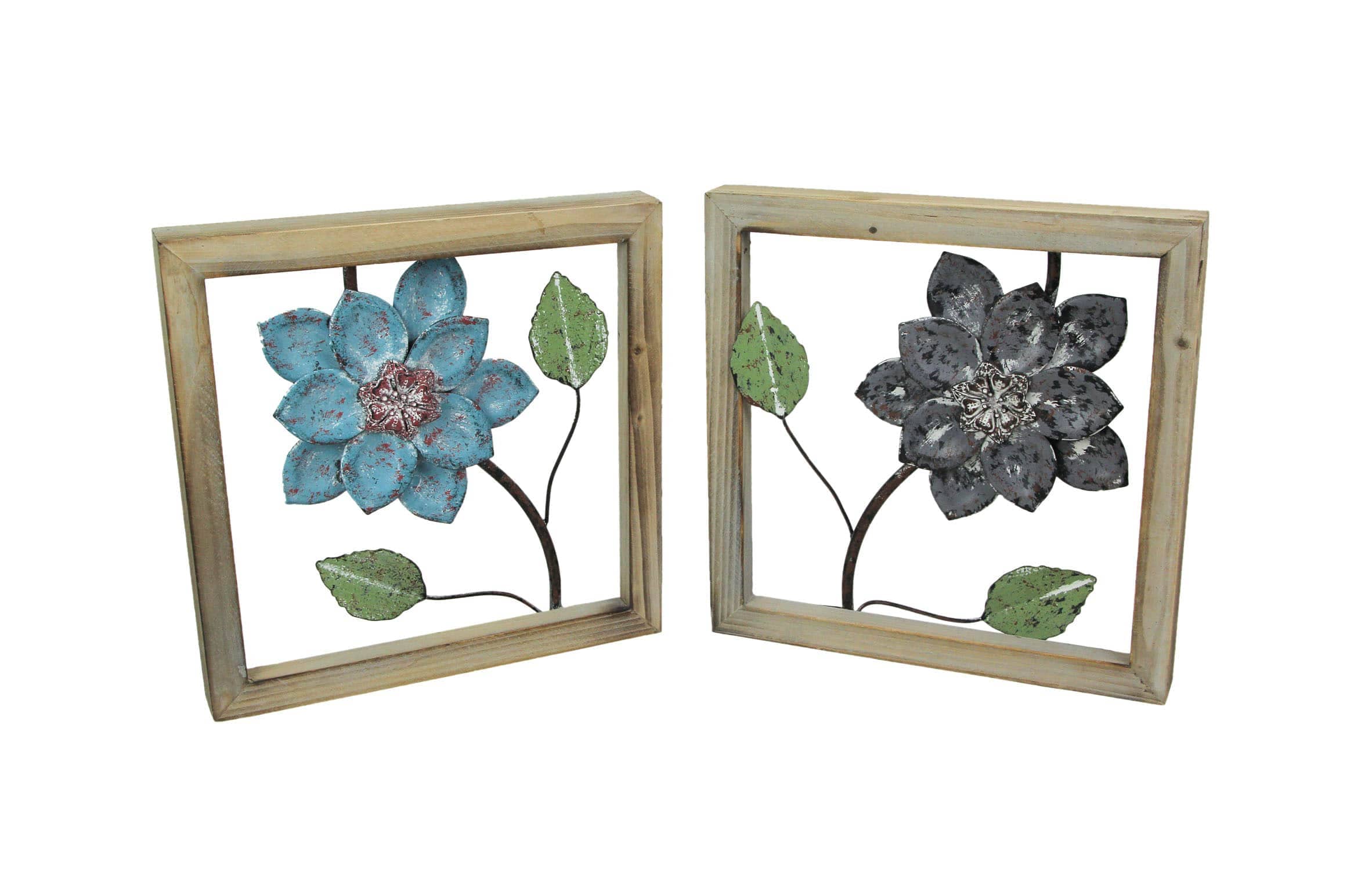Things2Die4 STI-E20091-SET 2 Piece Sculpted Metal Flowers Wall Hanging Set With Wooden Frames