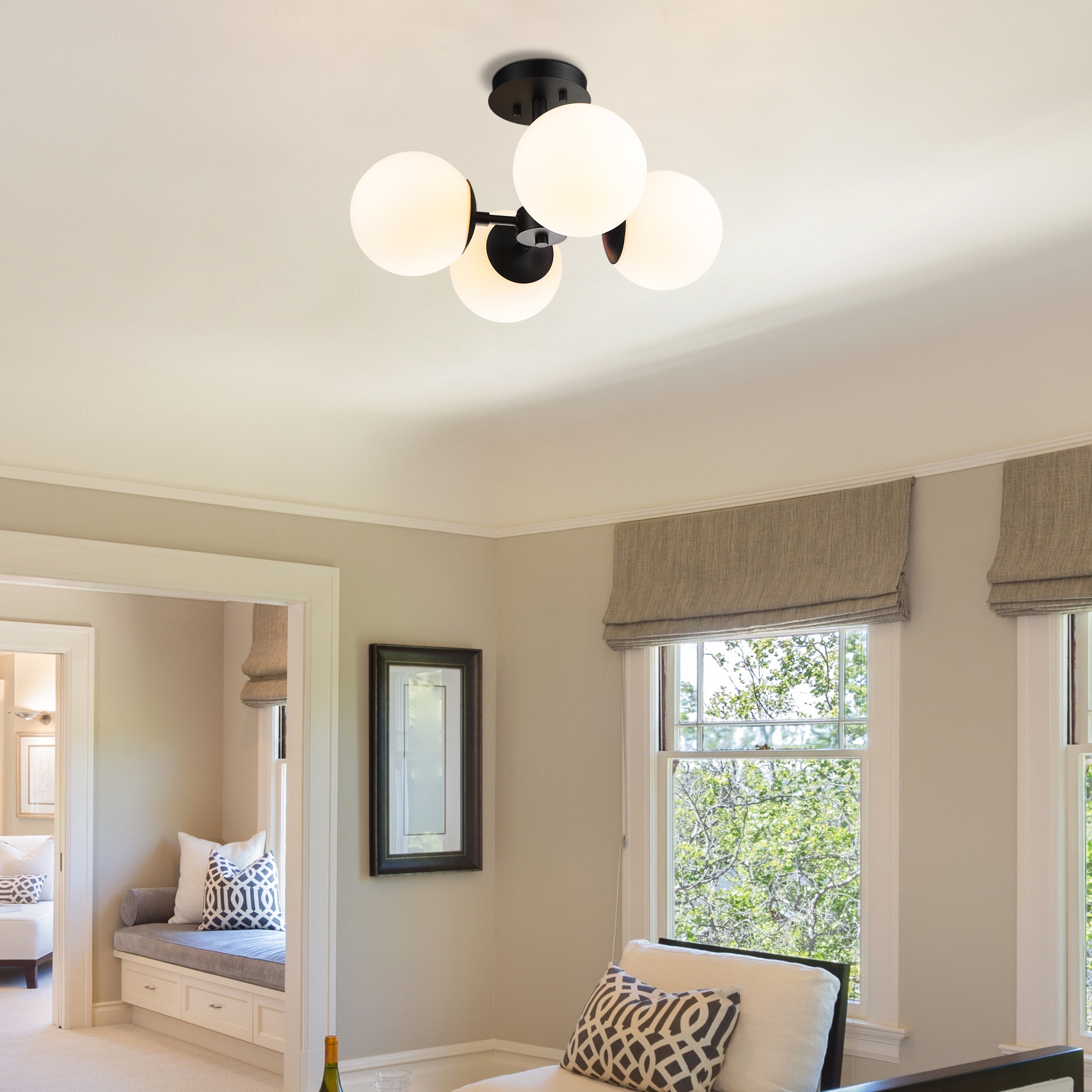 Matte Black Steel Frame with Opal Glass Globe 18" Pendant Light