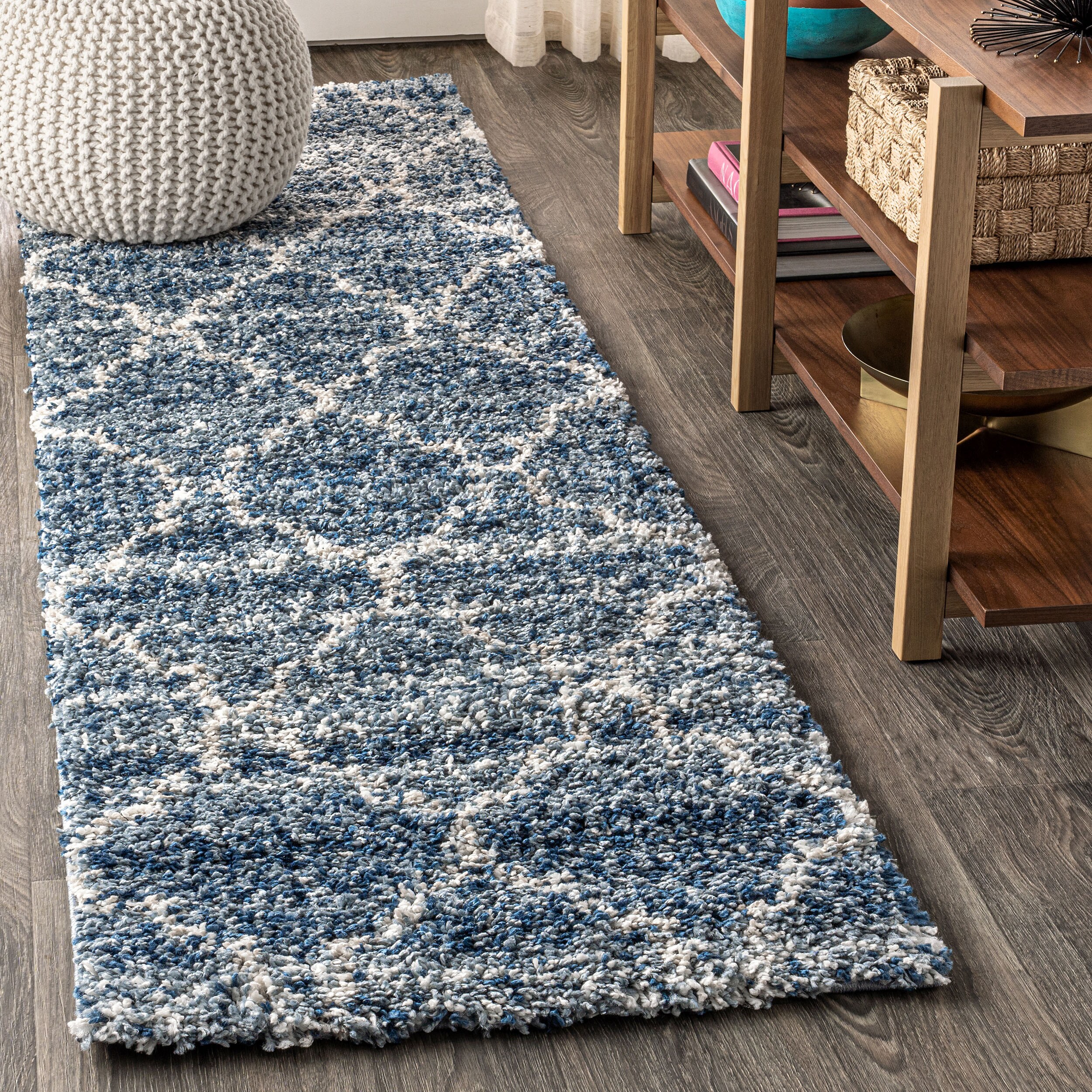 JONATHAN  Y MBS100B-28 Malibu Shag Ankara 2 x 8 (ft) Loomed Polypropylene Indigo Blue/Ivory Rectangular Indoor Trellis Bohemian/Eclectic Runner rug