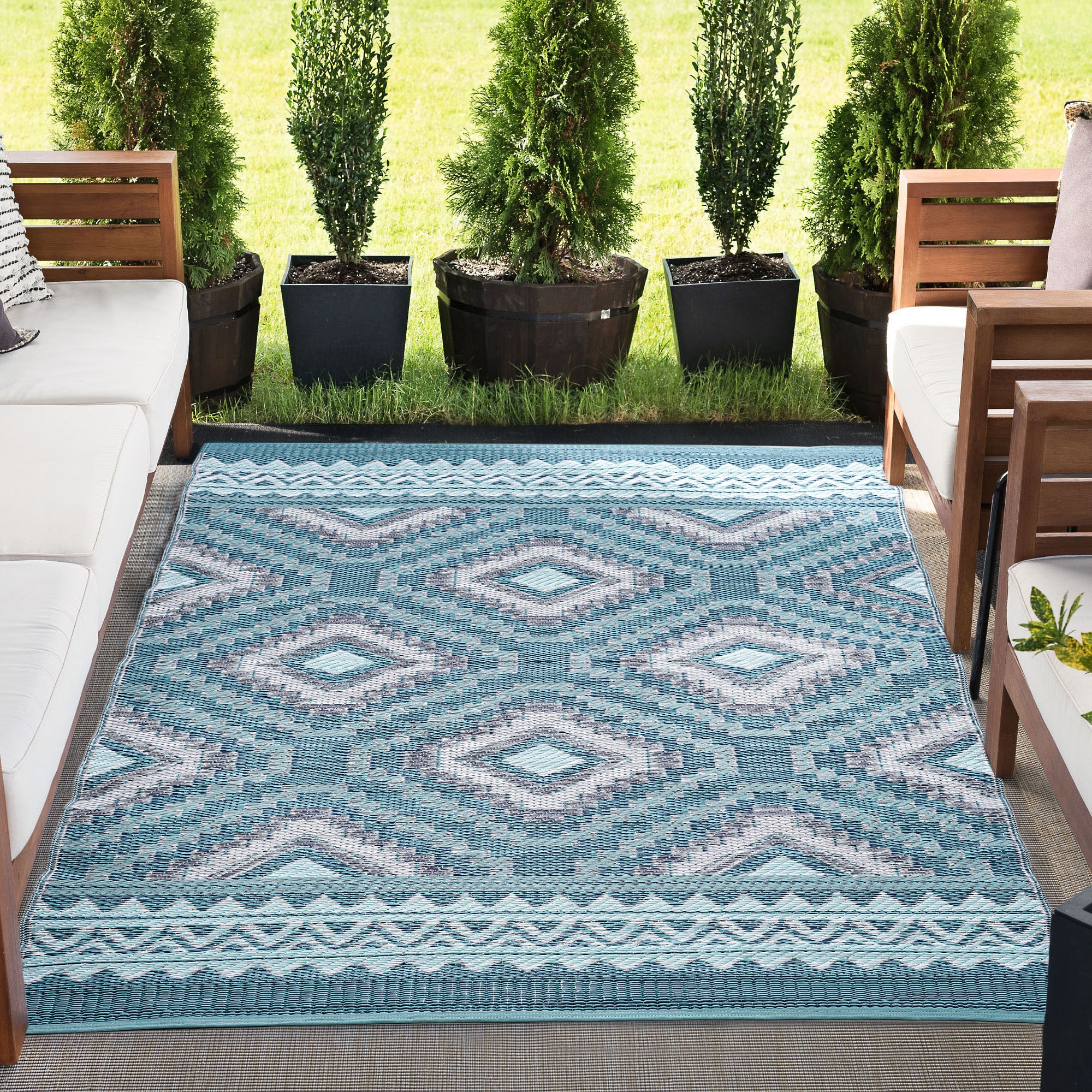Tayse Sunset 9 x 12 (ft) Flatweave Polypropylene Aqua Rectangular Outdoor Geometric Coastal Area rug