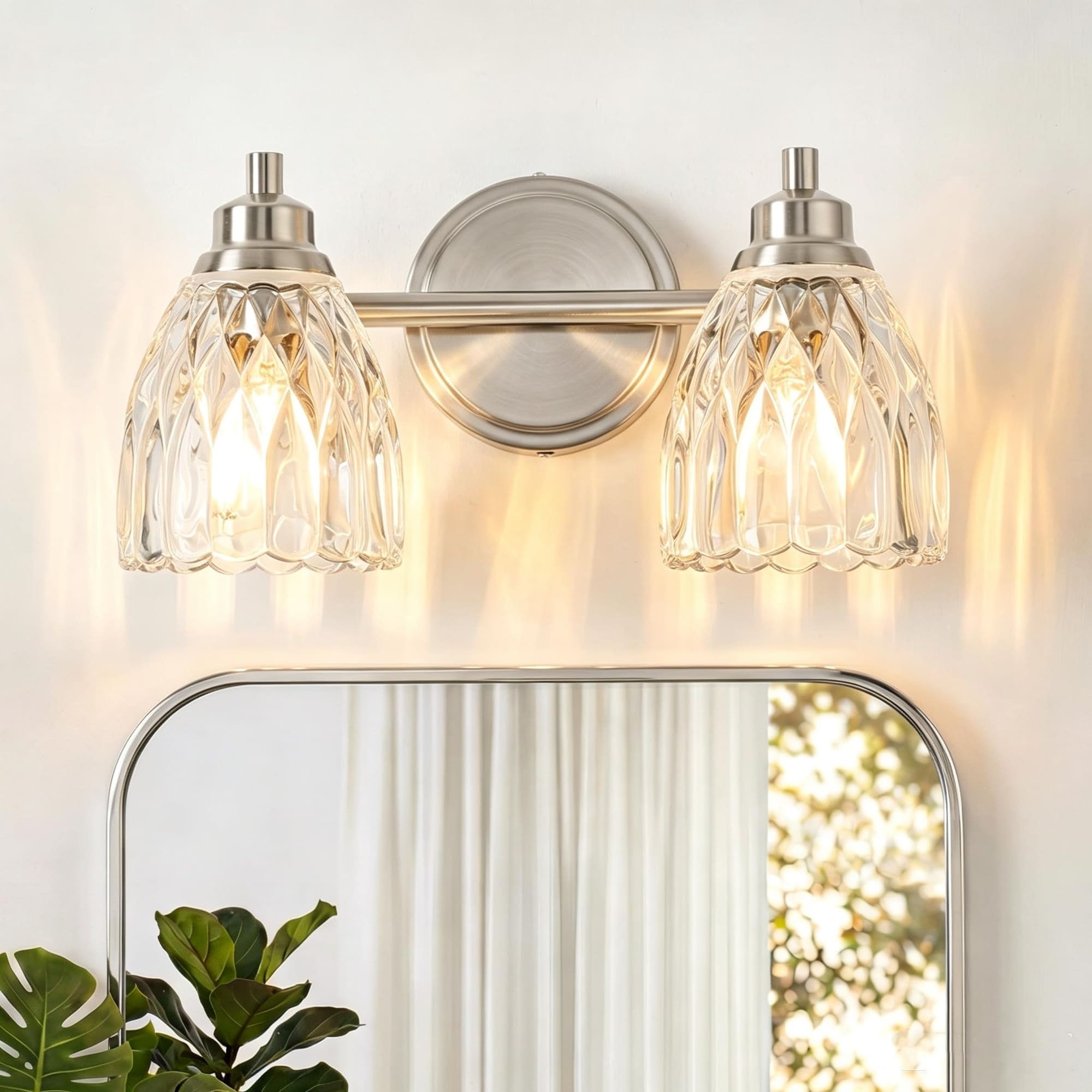 IUEST  Bathroom Vanity Light 14 Inch Brushed Nickel 2 Light Fixture with Ribbed Glass Shade for Mirror Cabinet Bedroom Hallway