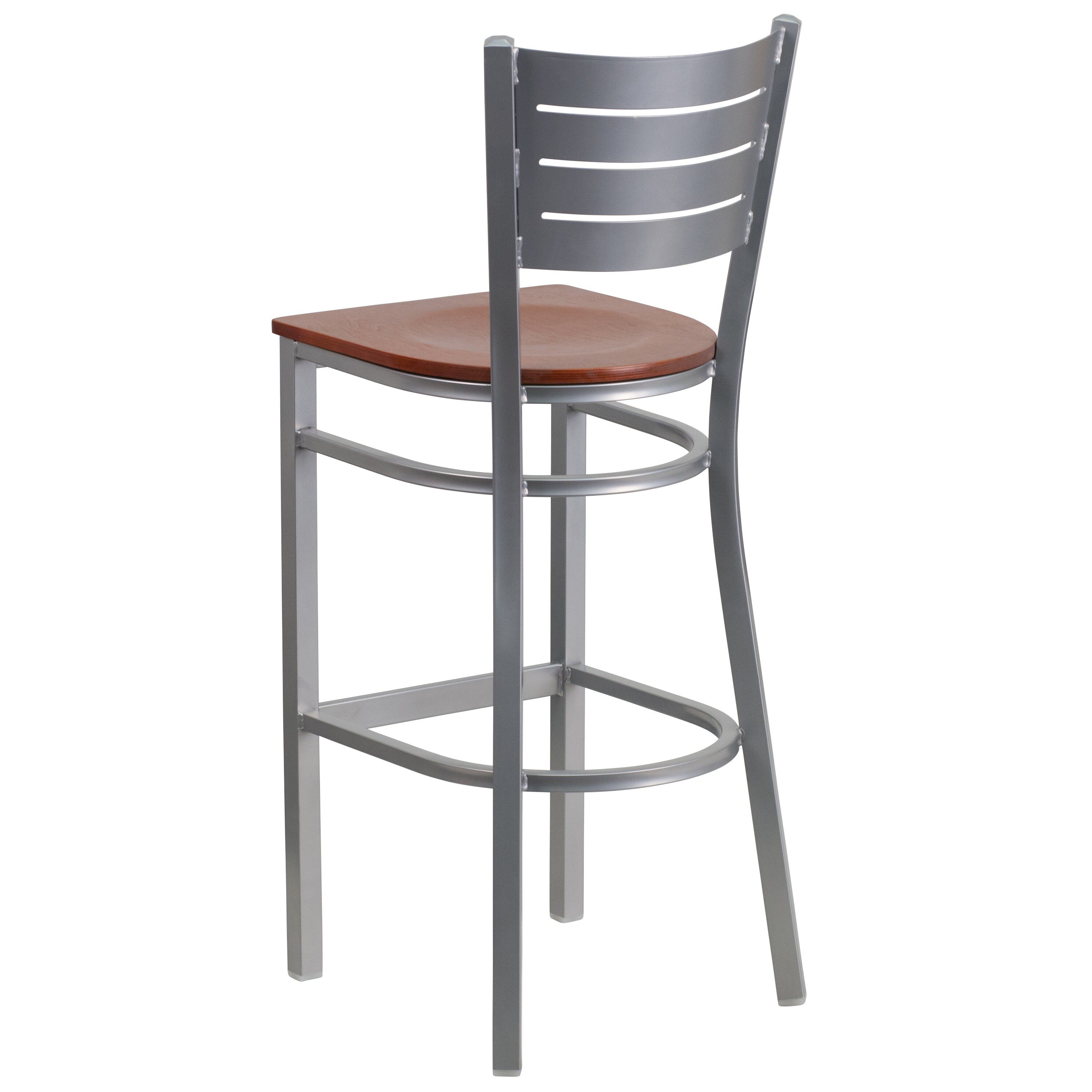 Silver Frame Slat-Back Barstool with Cherry Wood Seat