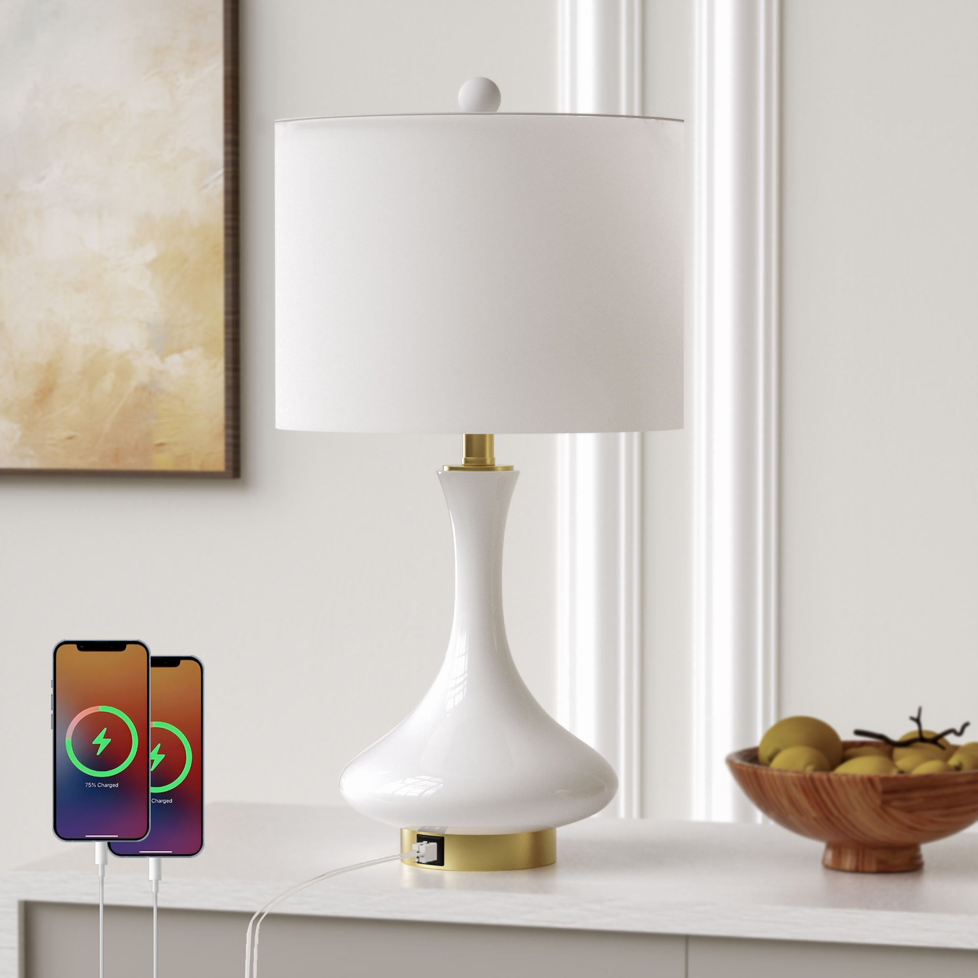 Maxax T252-WH-S Deluxe 23.5-Inches White and Bronze LED Incandescent Rotary socket Table Lamp with Linen Shade