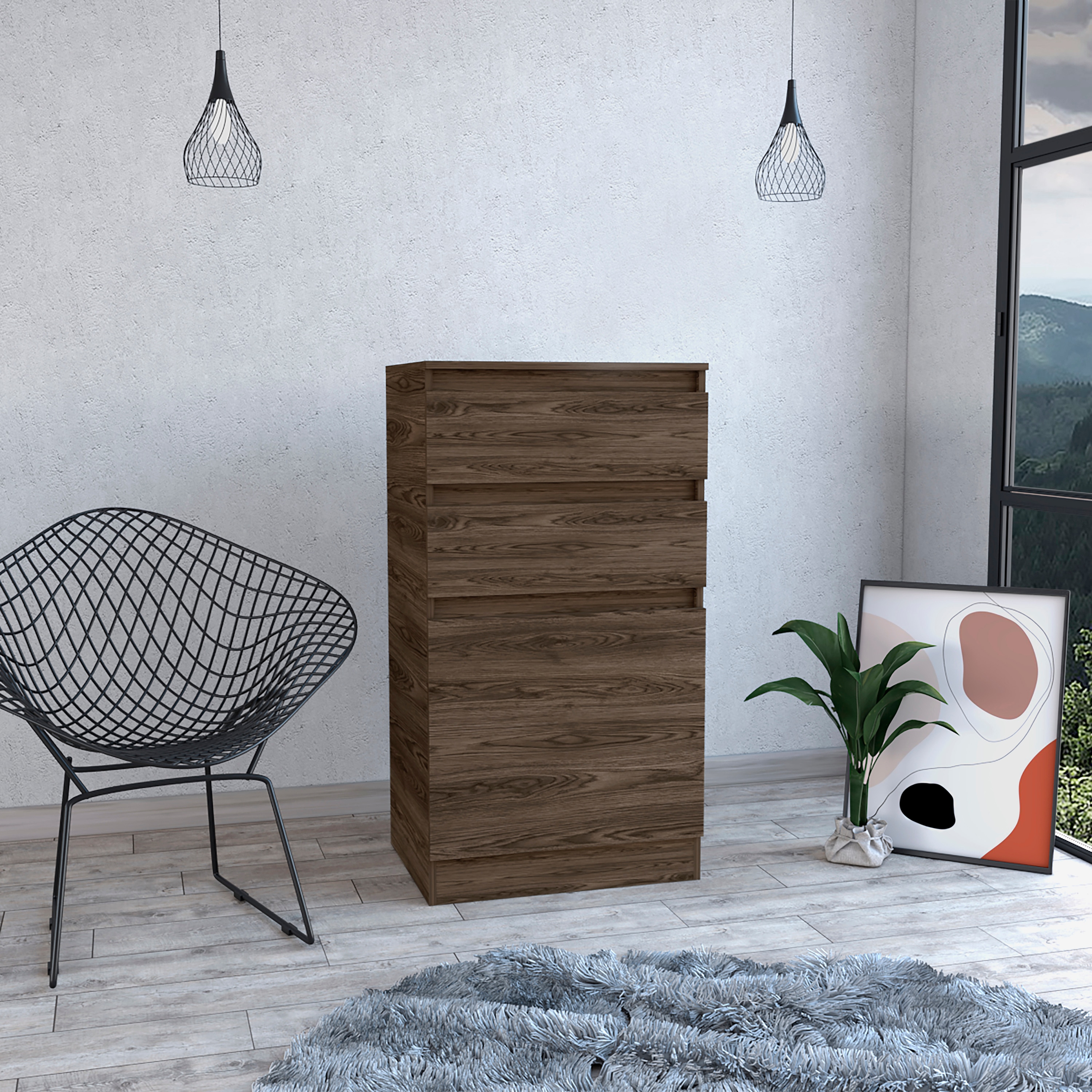 Tinyhomie Dresser with Jewelry Box Single Door Cabinet Mirror Two Drawers Dark Walnut