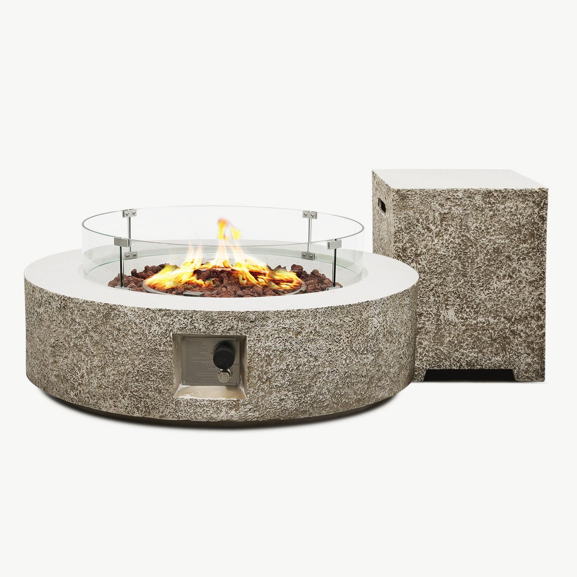 Patio Watcher LS-42MBE-QQ-BW 40.94-in W Beige Concrete Round Liquid propane Fire pit table