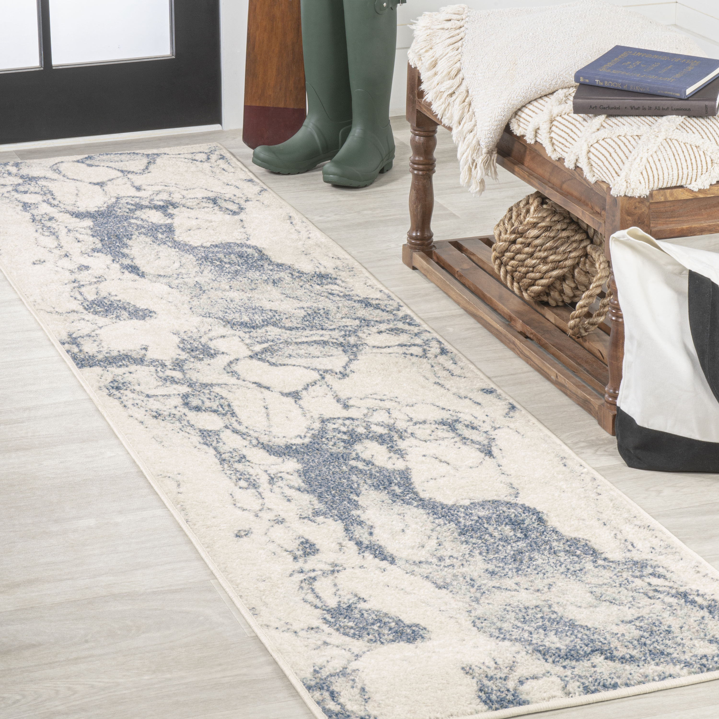 Blue and Cream Synthetic Abstract Runner Rug, 2' x 8'