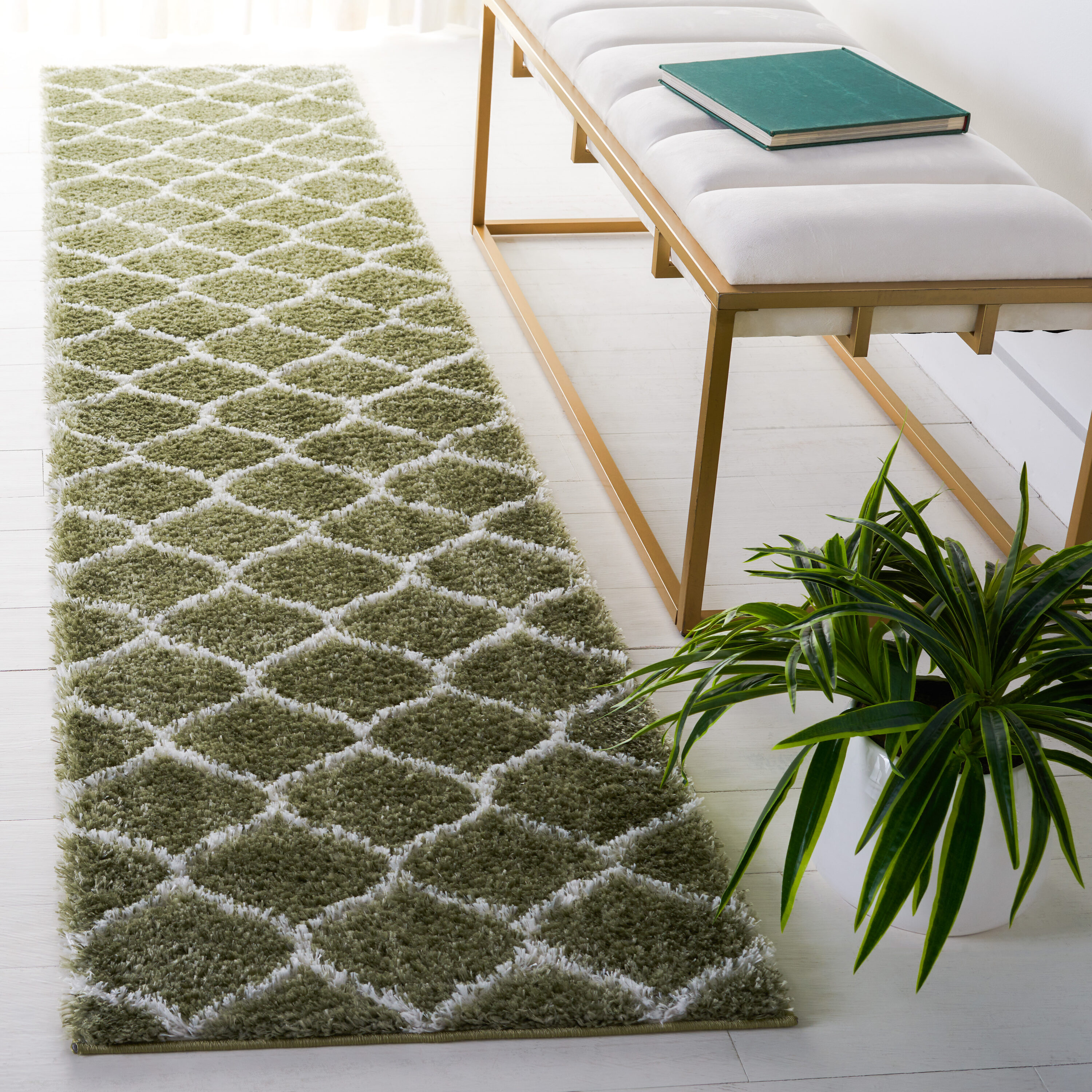 Sage and White Geometric Shag Runner Rug 2' x 9'