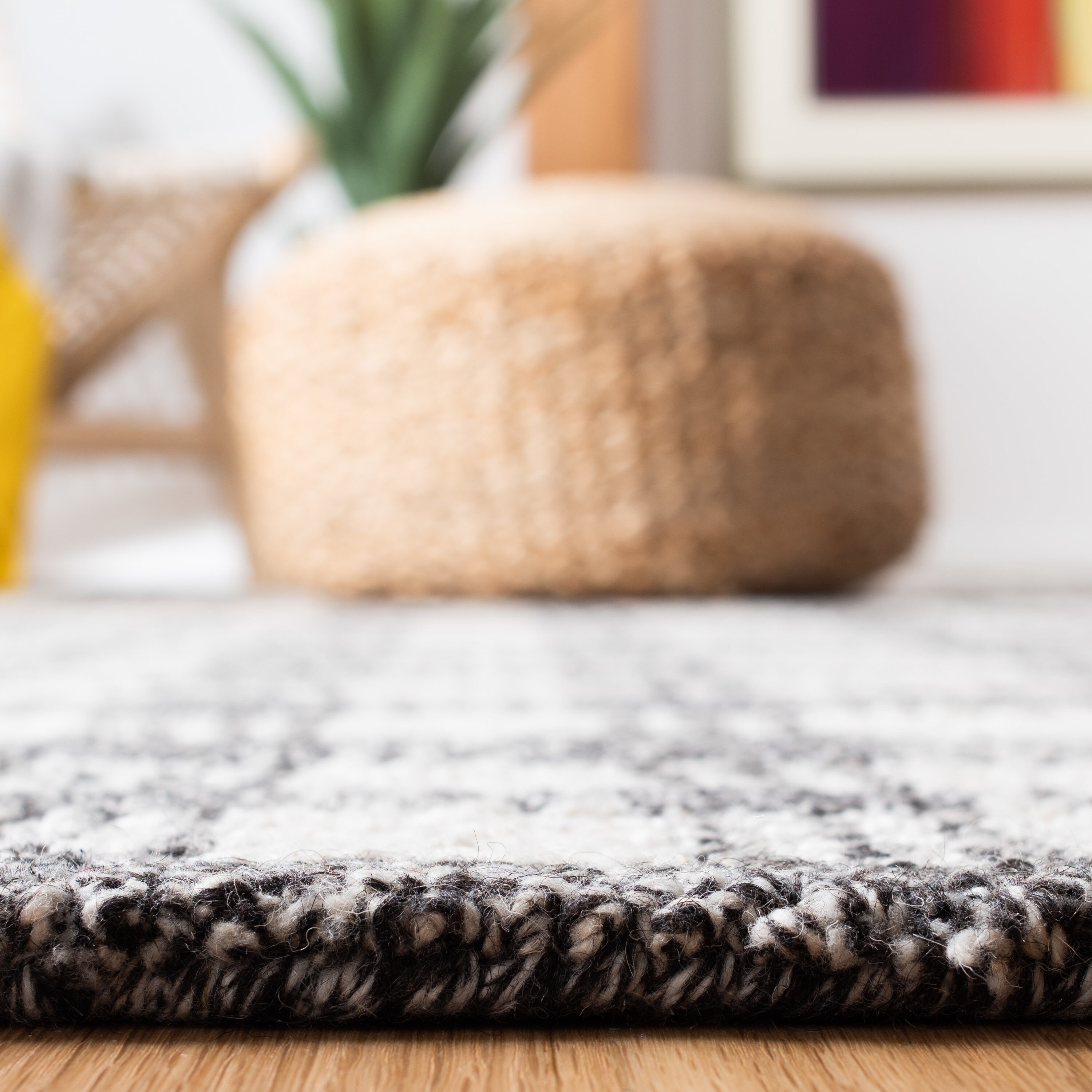 Black and Ivory Abstract Wool Viscose 4' x 6' Handmade Rug