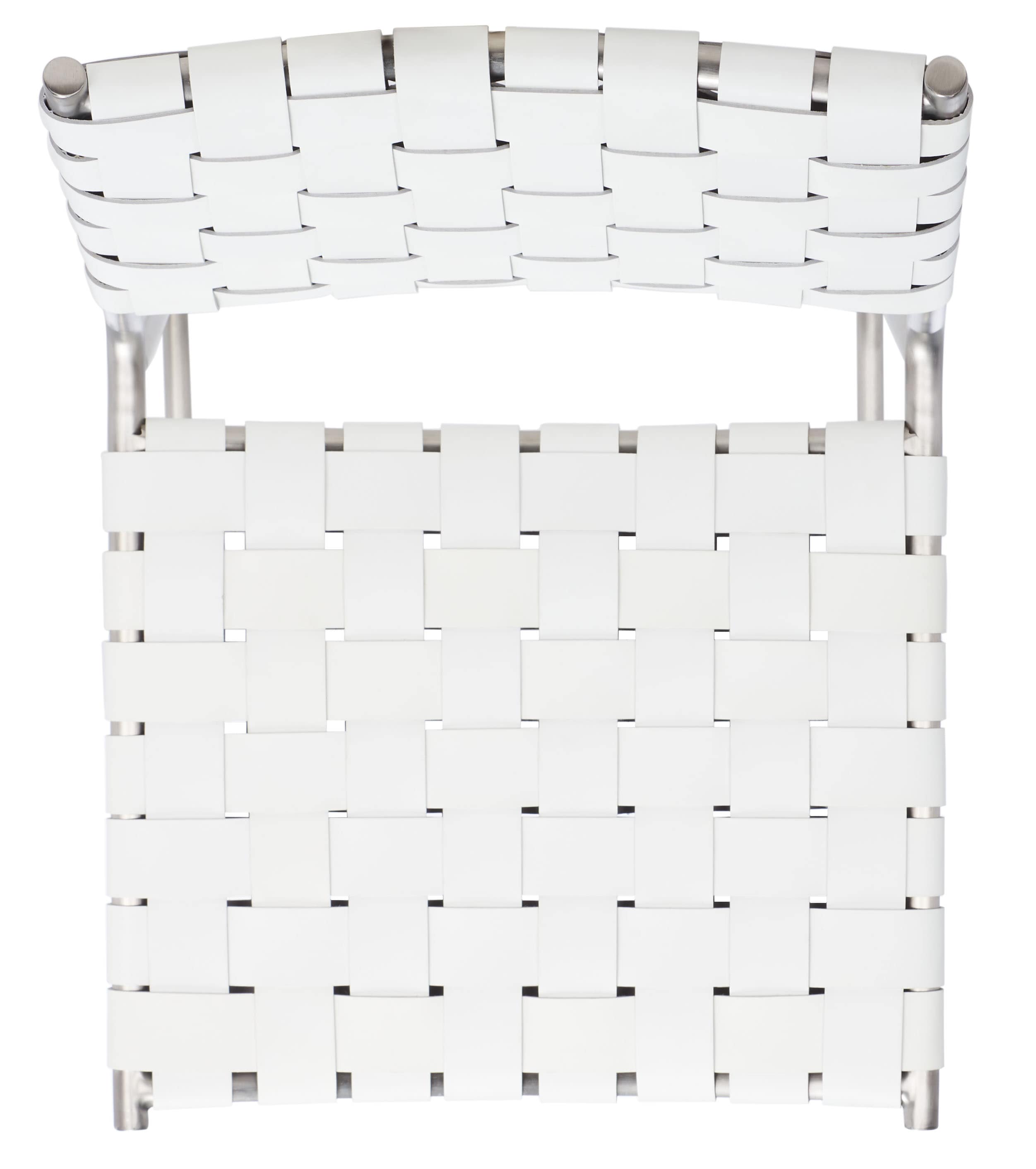 Saddle Style Woven White Leather Counter Stool with Silver Metal Base