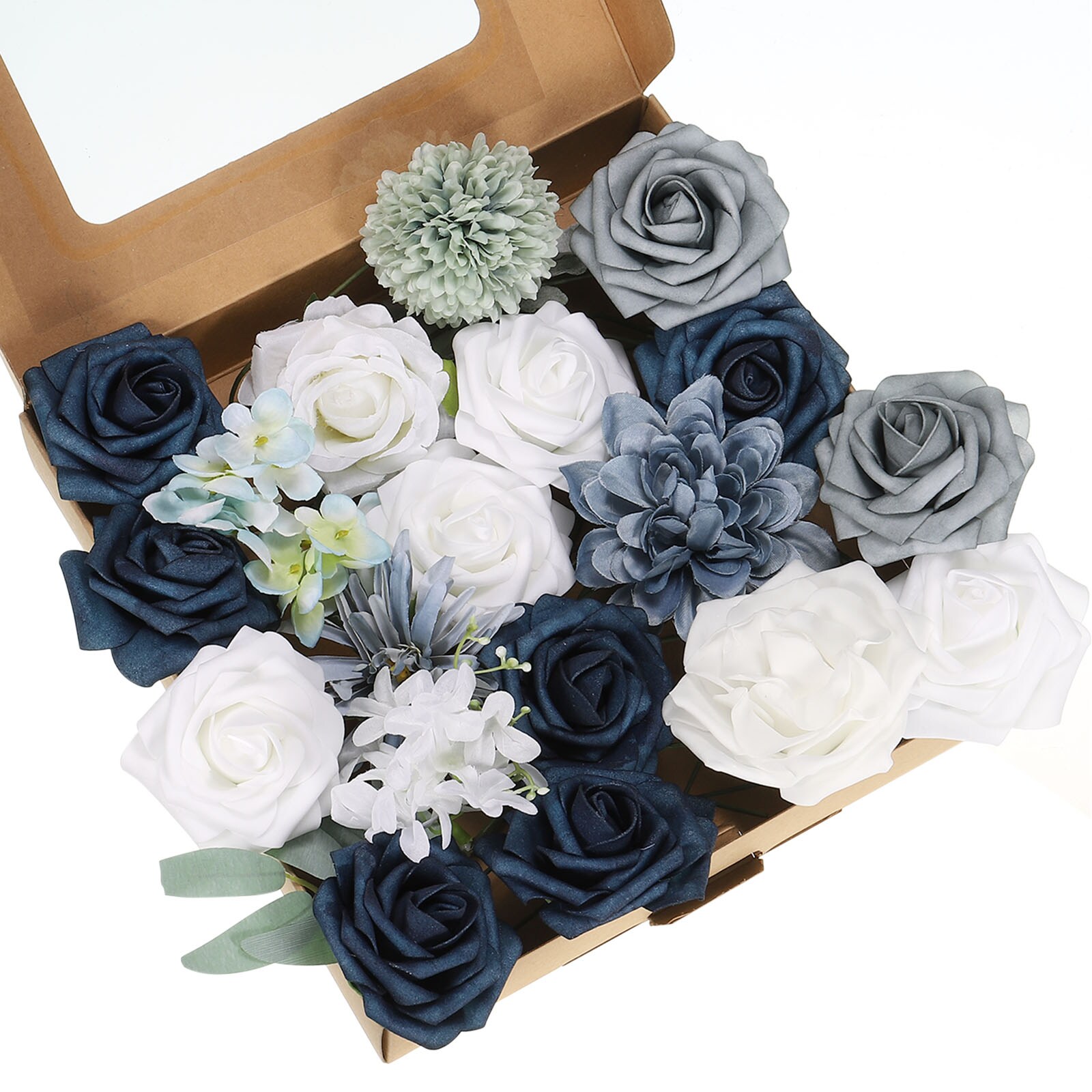 PATIKIL Blue Artificial Flowers Roses Combo Box Set Silk Mix Faux ...