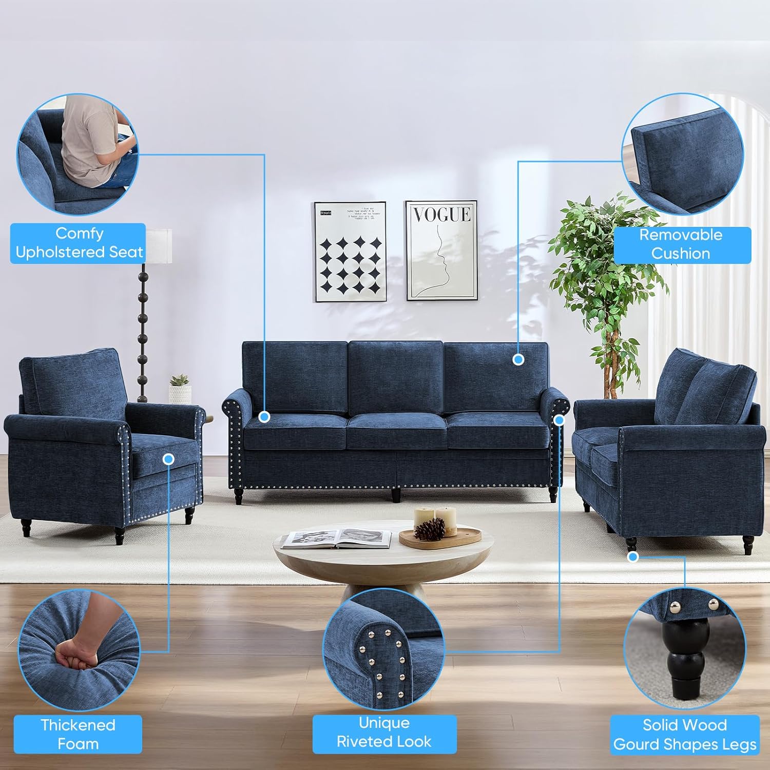 Mjkone LW11352-3+2+1-BLUE Sofas-Loveseats - View #4