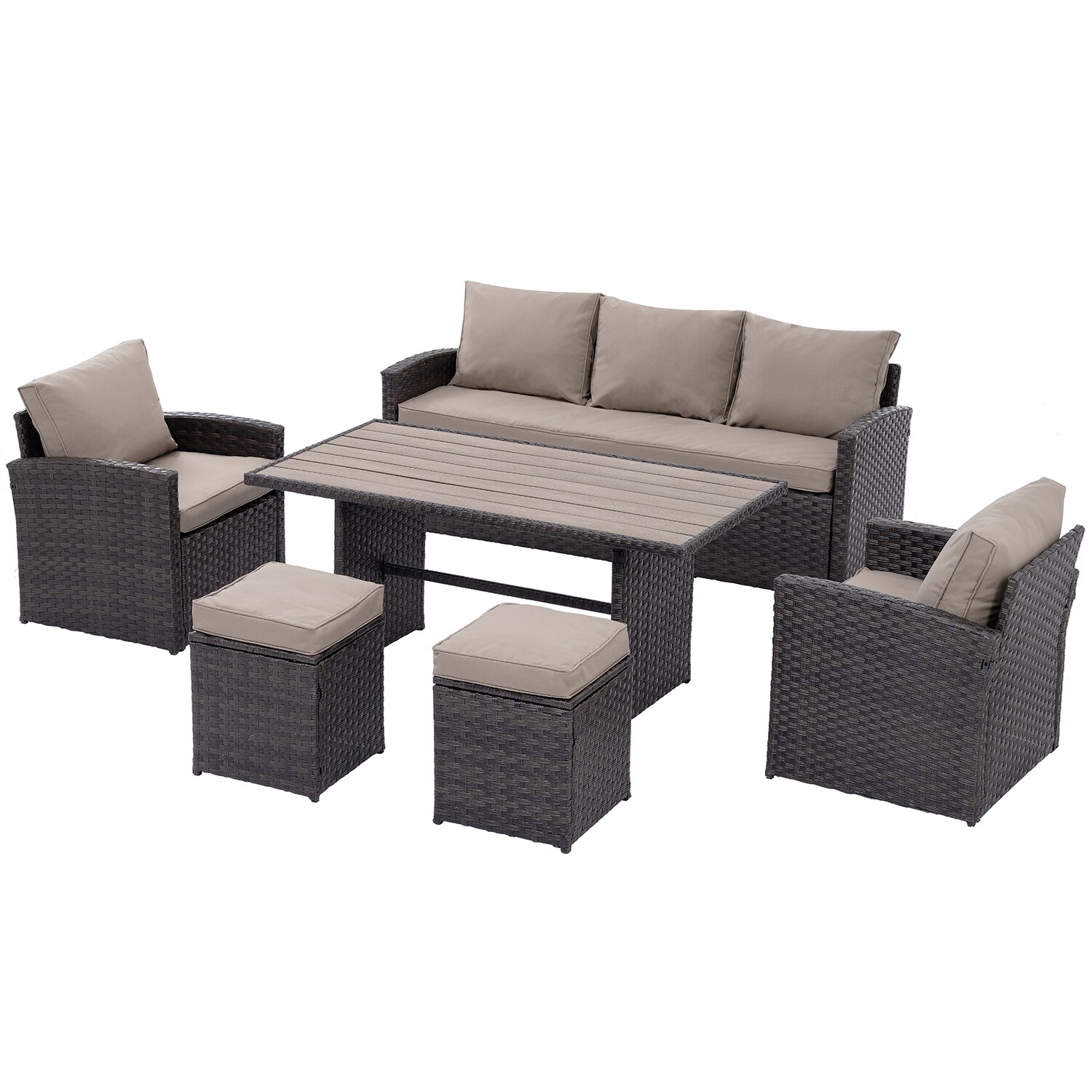 Bybafun YA7000006 6-Piece Rattan Patio Conversation Set with Brown Cushions
