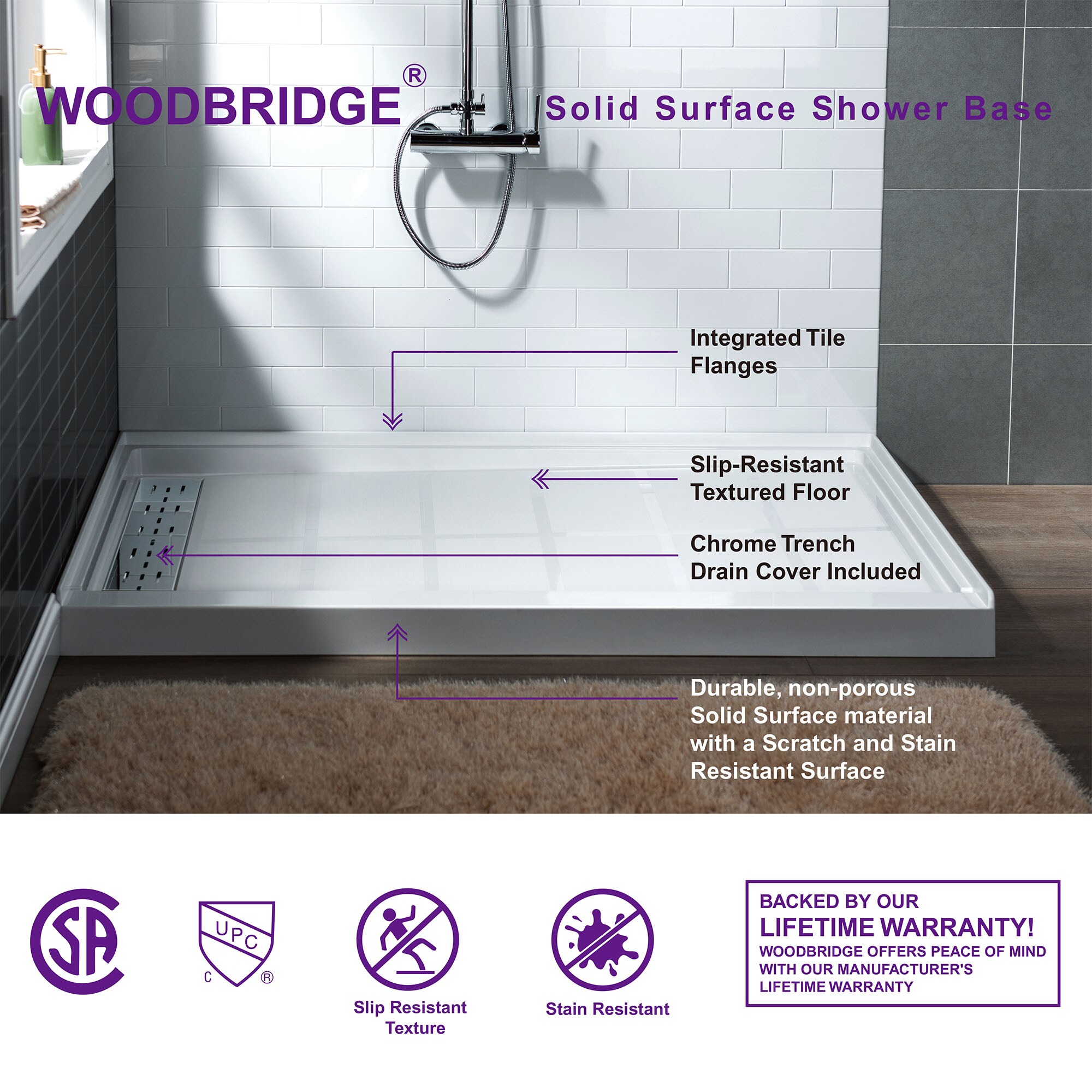 Woodbridge 36in W x 60in L with Left Drain Shower Base (Whie) in the