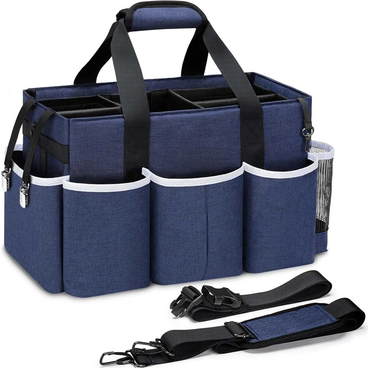 Aoibox  Wearable Cleaning Caddy Bag Large Cleaning Supplies Organizer with 4 Foldable Dividers Kitchen Caddy Organizer with Handle Adjustable Shoulder Straps Blue