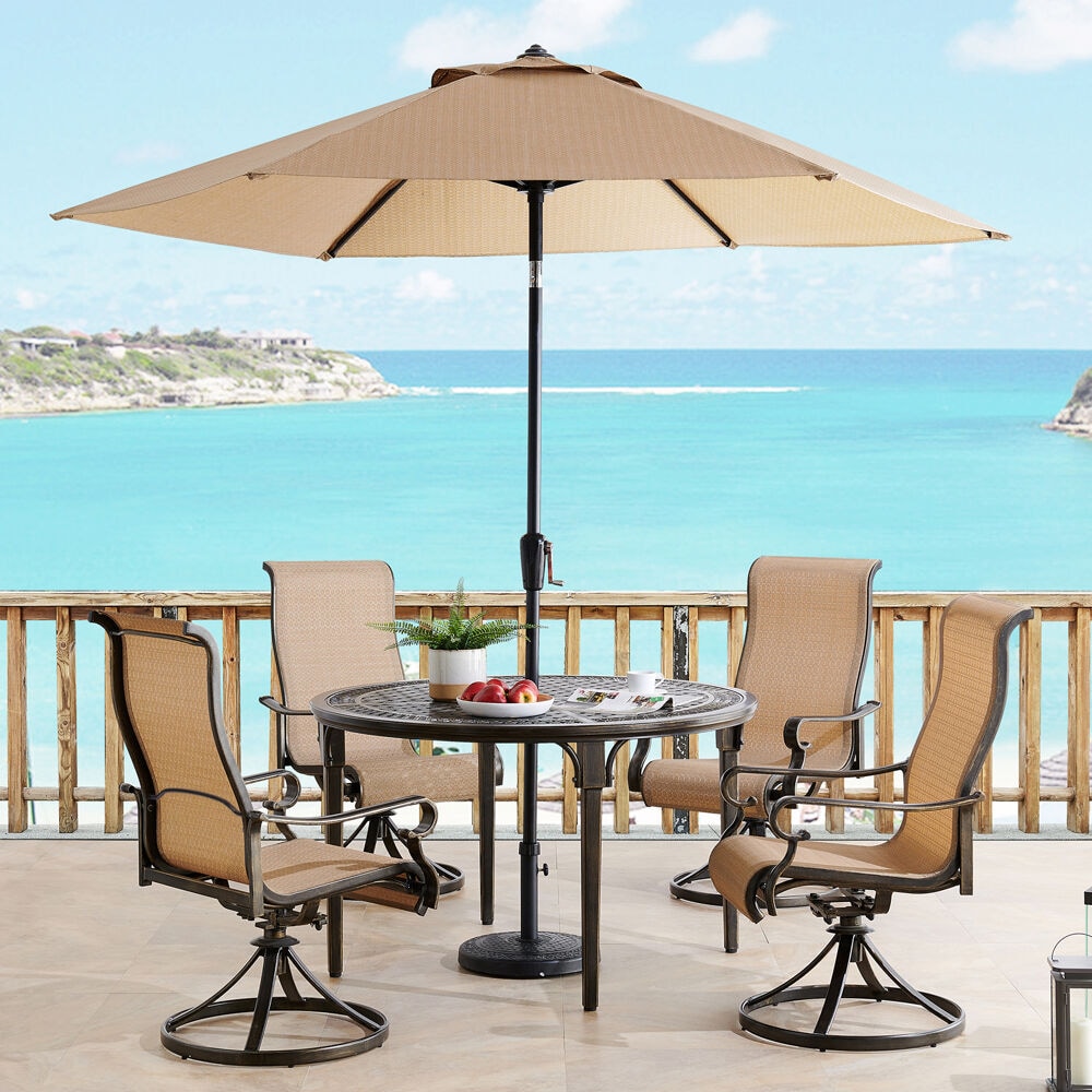 Hanover BRIGDN5PCSWRD-SU Brigantine 6 -Piece Espresso Bean Patio Dining Set Aluminum Round Table with 4 Tan Swivel Rocker Chairs and Umbrella Included