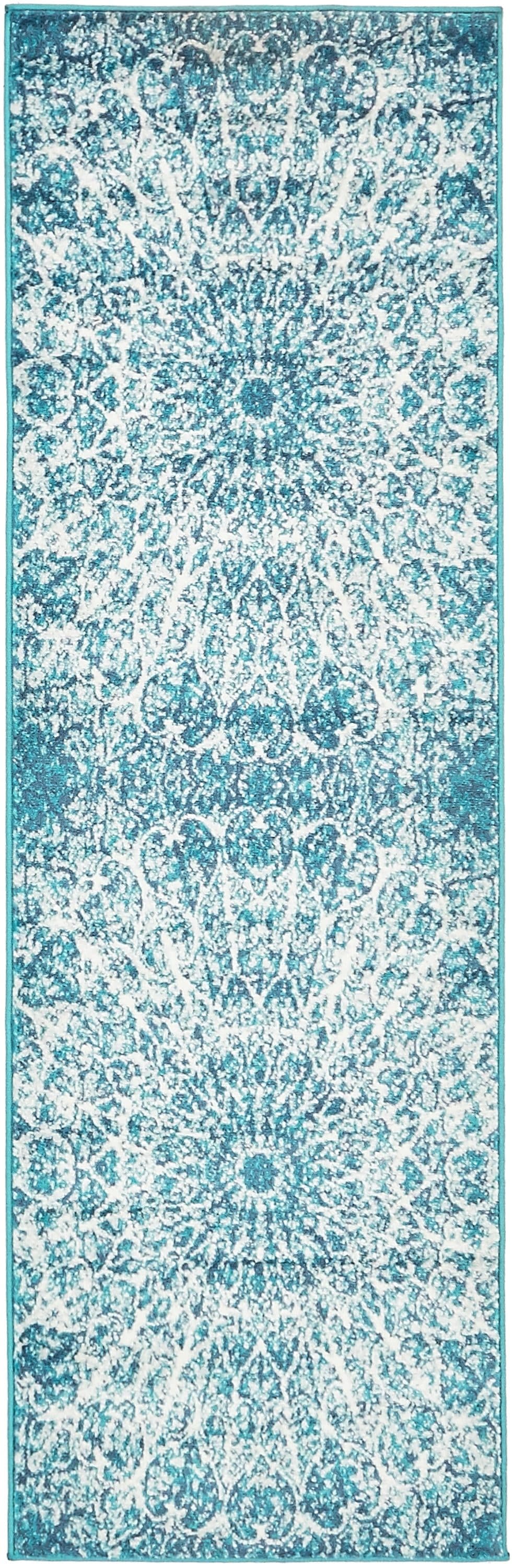 Turquoise and White Synthetic Reversible Runner Rug
