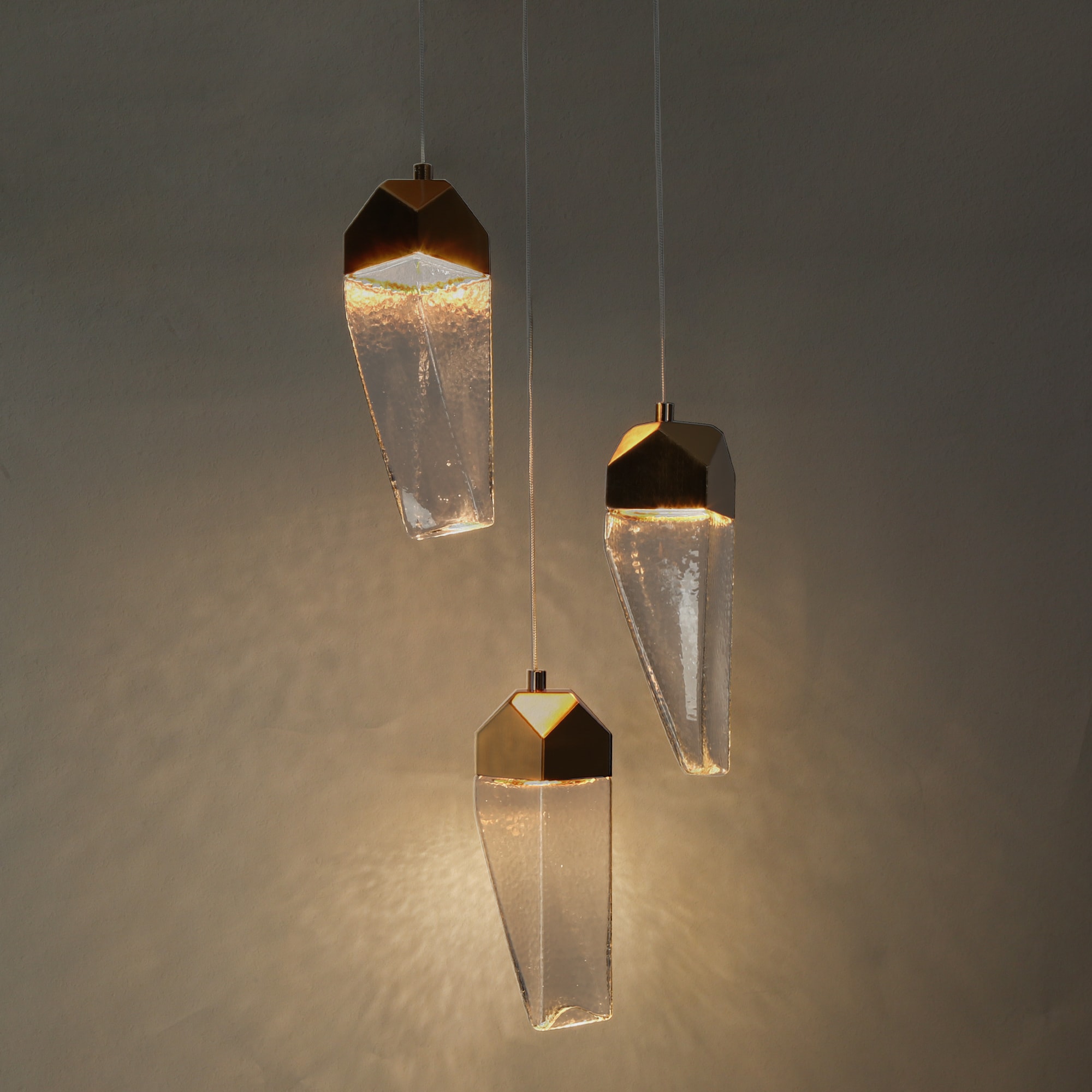 Polished Gold Brass and Crystal 3-Light LED Pendant Chandelier