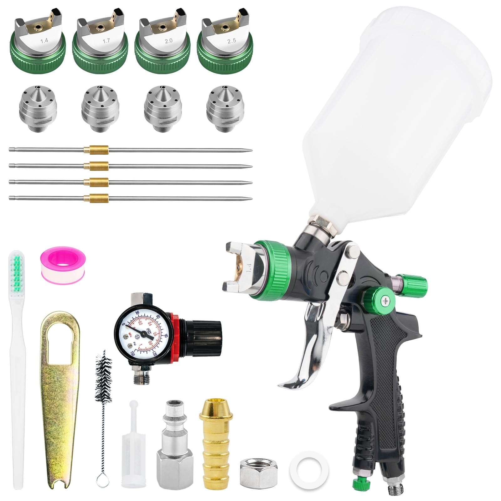Misopily  HVLP Paint Spray Gun Kit 1 Piece Air Gravity Feed System 4 Nozzles 1.4 1.7 2.0 2.5 mm Regulator 600 ml Cup for Cars Furniture Walls