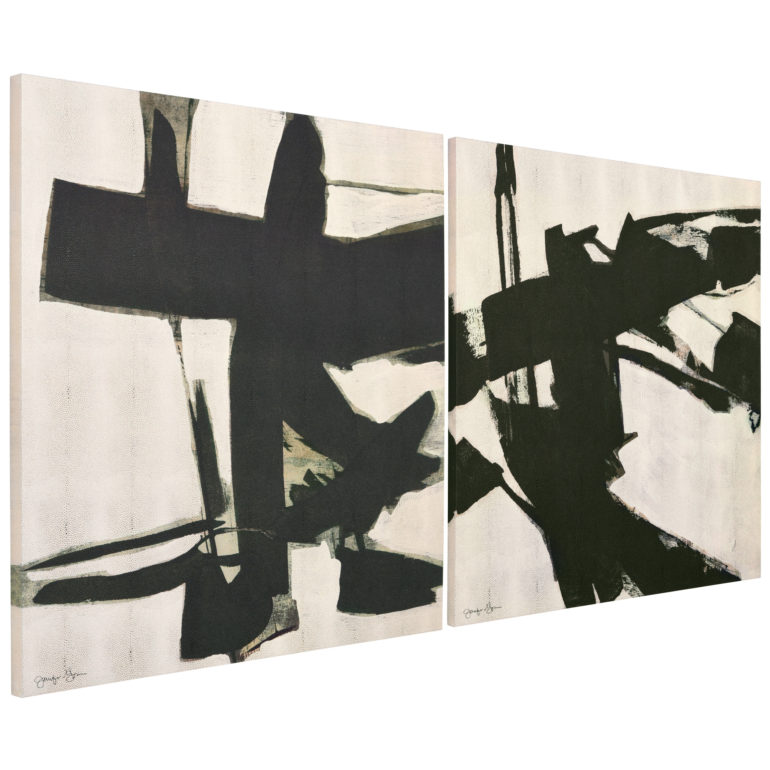 Bold Abstraction Black and White Art on Gold Shagreen Canvas Set