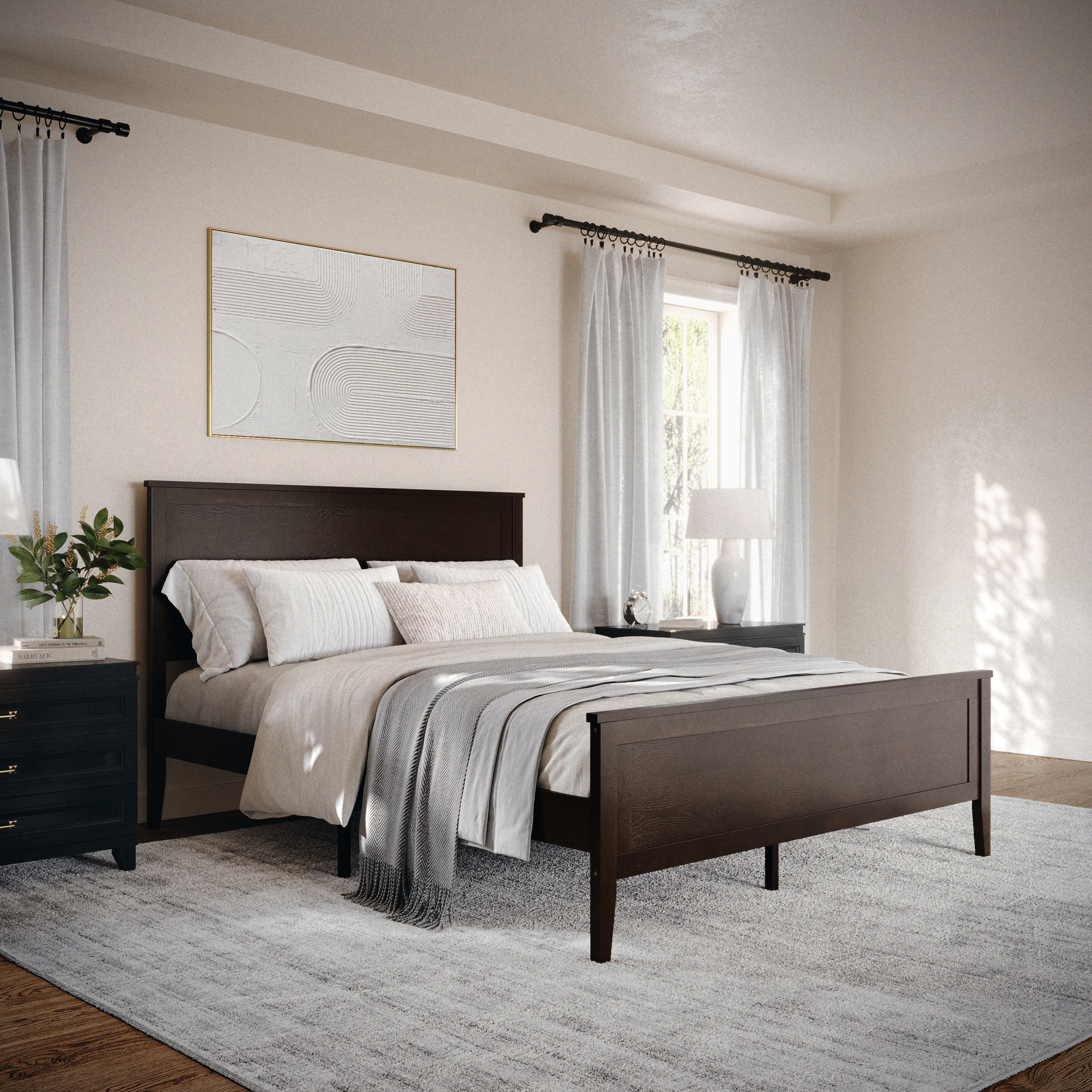 Martha Stewart 196861126772 Corbin Queen Size Solid Wood Platform Bed with Wooden Headboard and Footboard; No Box Spring Needed; Dark Brown