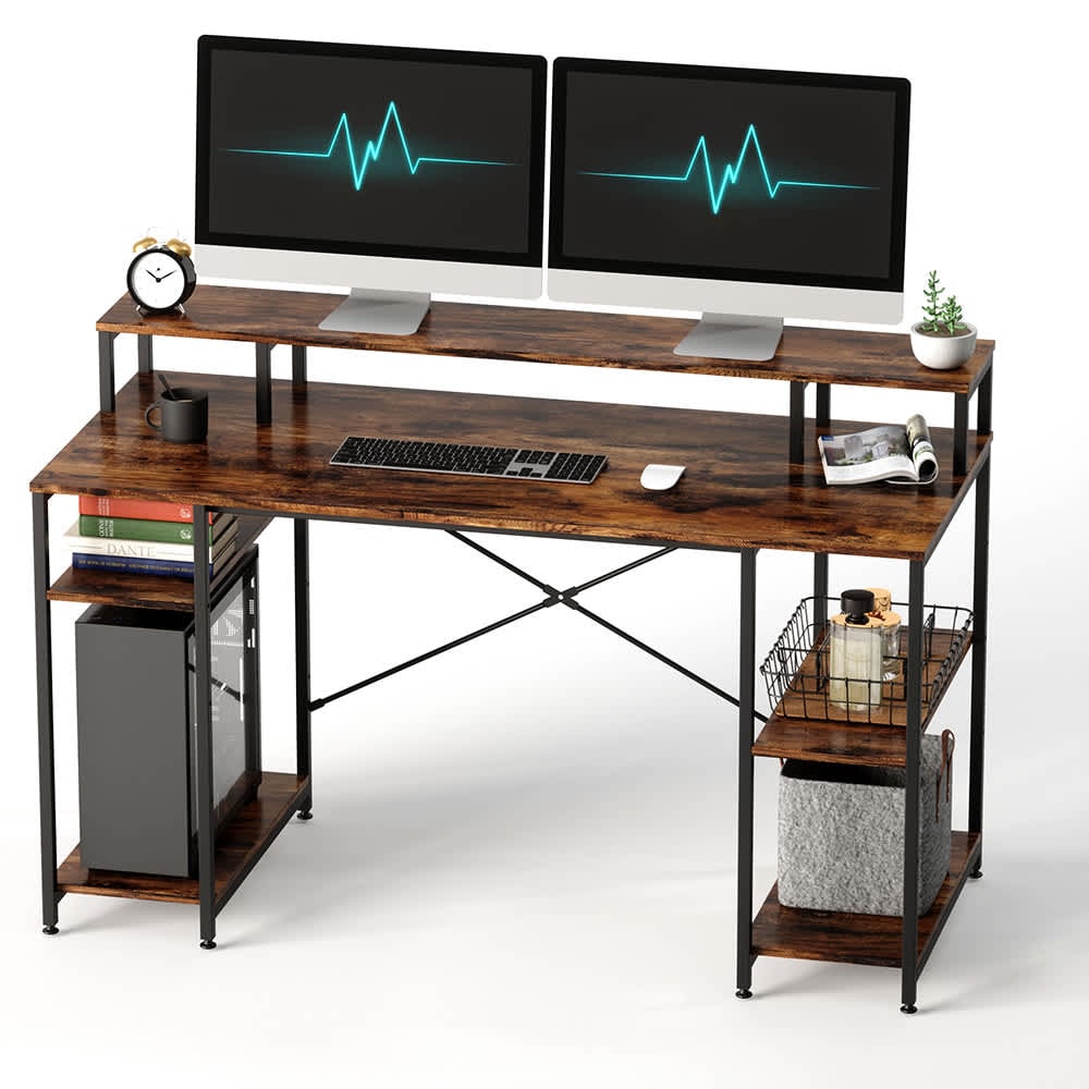 Bestier LOW-D074G-RST 55.12-in W 4-Shelf Brown Computer Desk with Monitor Shelf