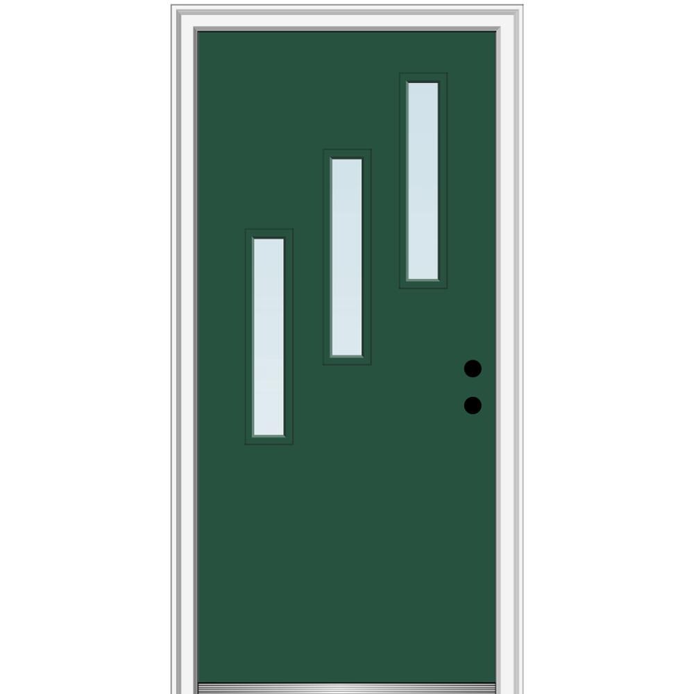 MMI DOOR ZZ346820L Spotlights 30-in x 80-in x 4-9/16-in Fiberglass Pulse lite Left-hand inswing Hunter Green Painted Prehung Front Door with Brickmould Insulating core