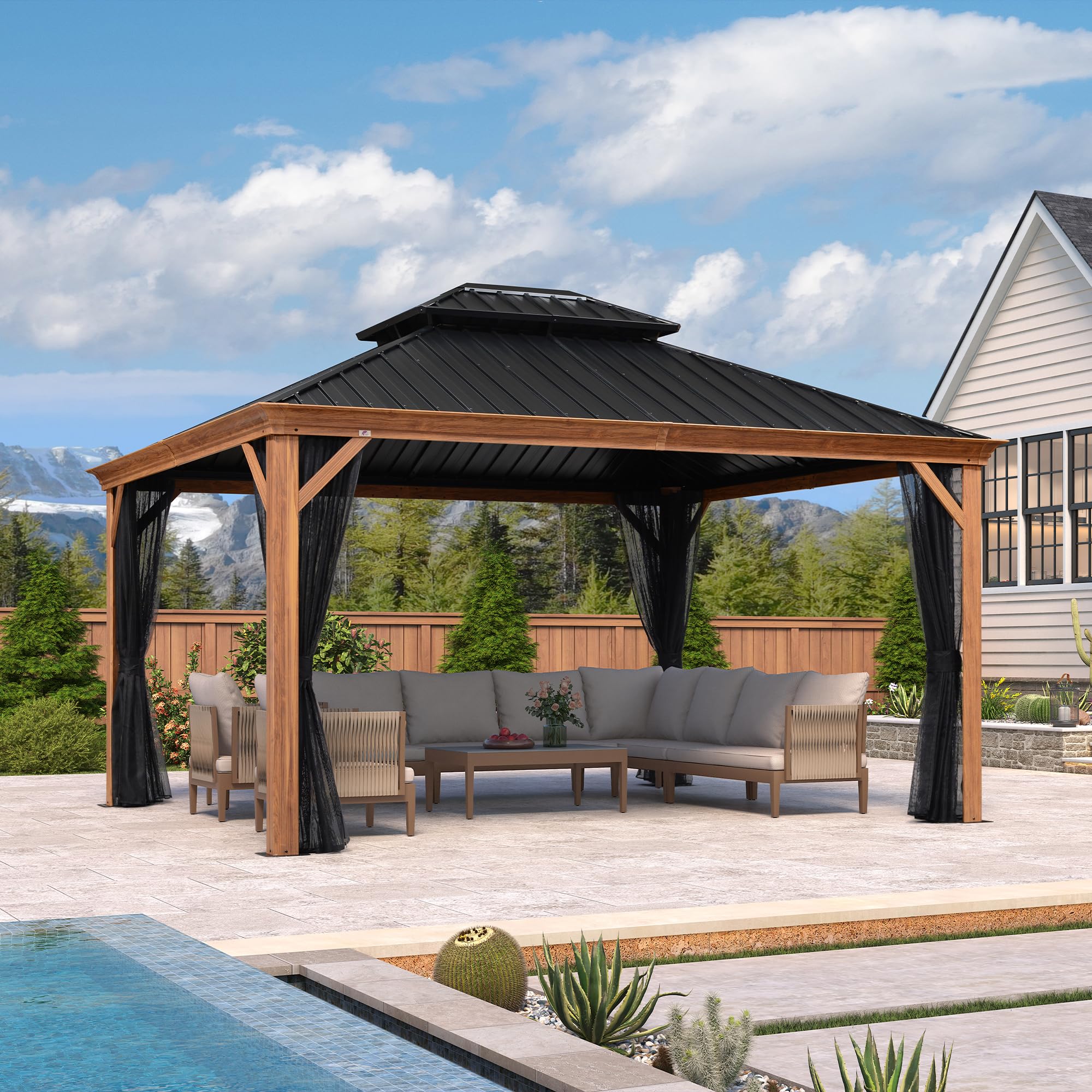 PURPLE LEAF LS06WHTG1214 14-ft x 12-ft Wood Rectangle Gazebo with Hardtop Steel Roof (Screen Included)