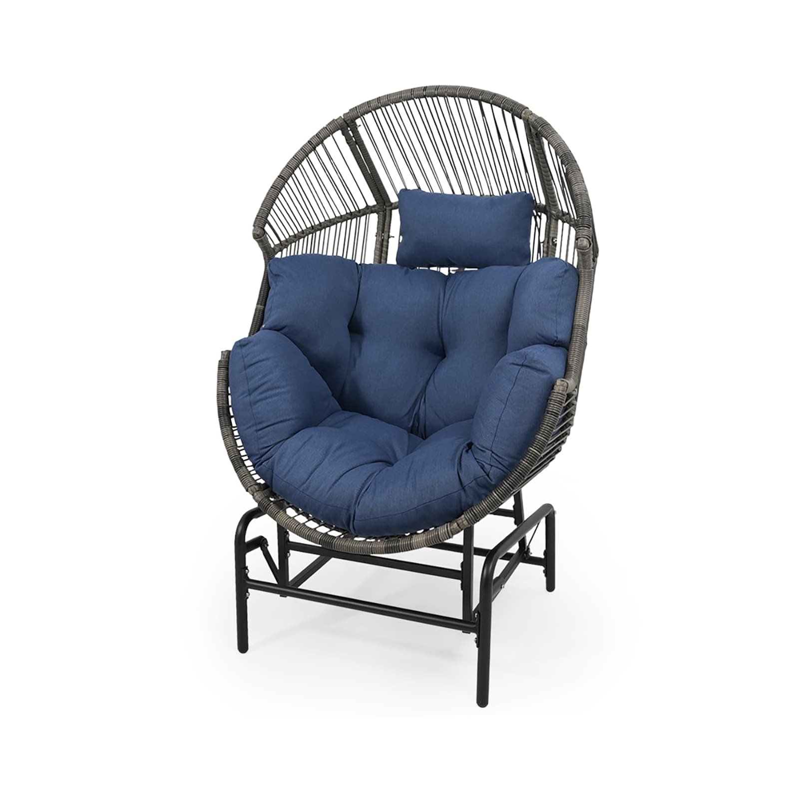 Rilyson FSNNG81G-1 Egg Chair Wicker Gray Wicker Frame Glider Egg Chair with Blue Blue Cushioned Seat