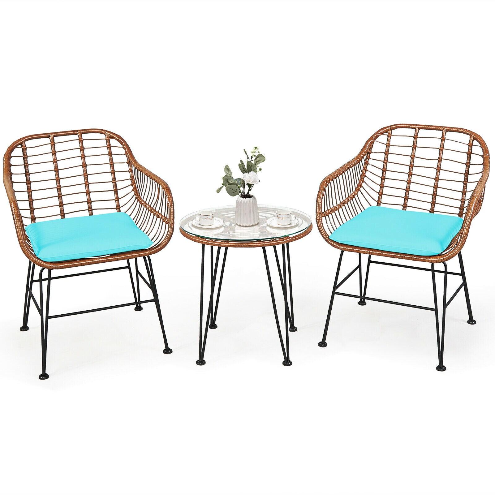 Clihome CWCH-OP70AD837TU Bistro Set 3 -Piece Brown Rattan Bistro Patio Dining Set Steel Round Table with 2 Blue Cushions Stationary Chairs