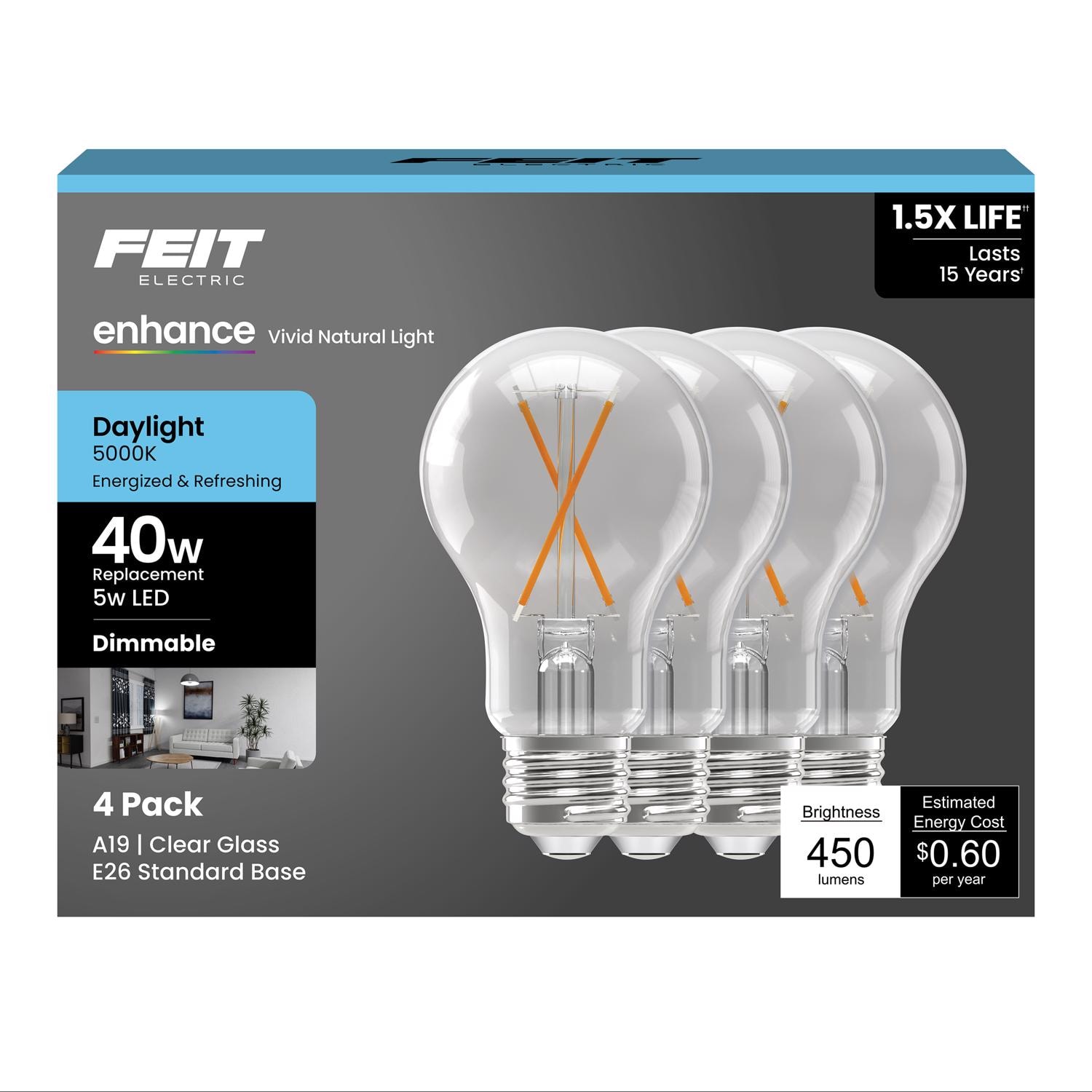 Feit Electric EJD3011624 Enhance A19 E26 Medium Filament LED Bulb Daylight 40 Watt Equivalence 4 pk